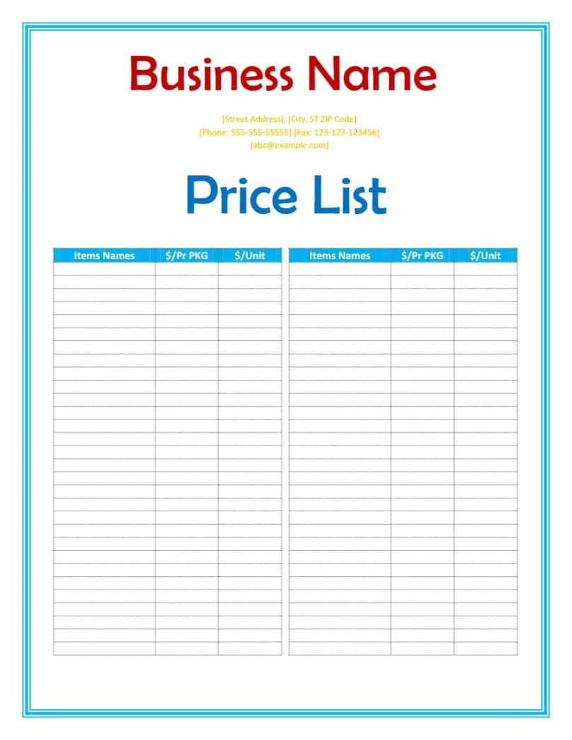 Free Price List Templates (Price Sheet Templates) ᐅ for Rate