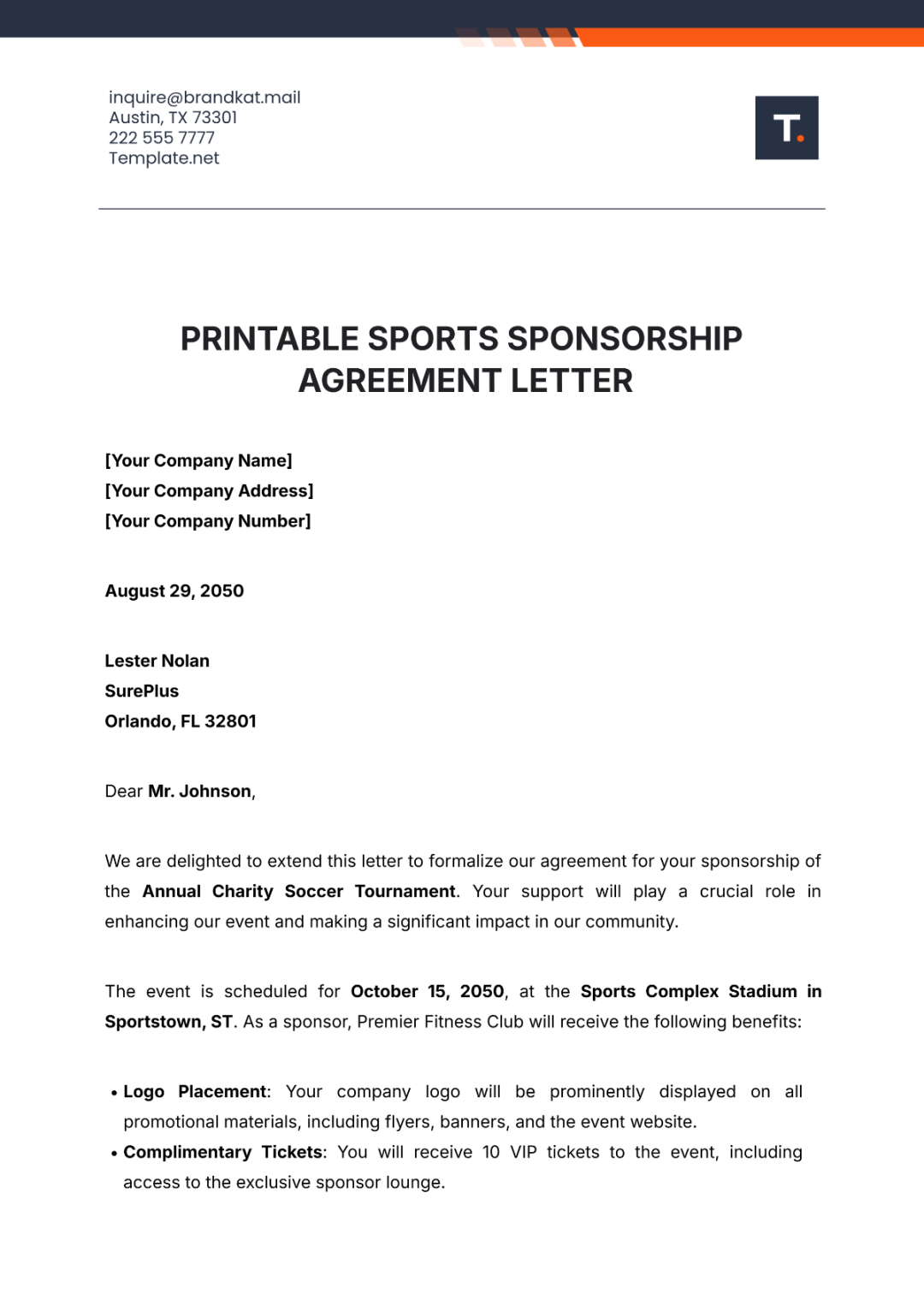 Free Printable Sports Sponsorship Agreement Letter Template - Edit