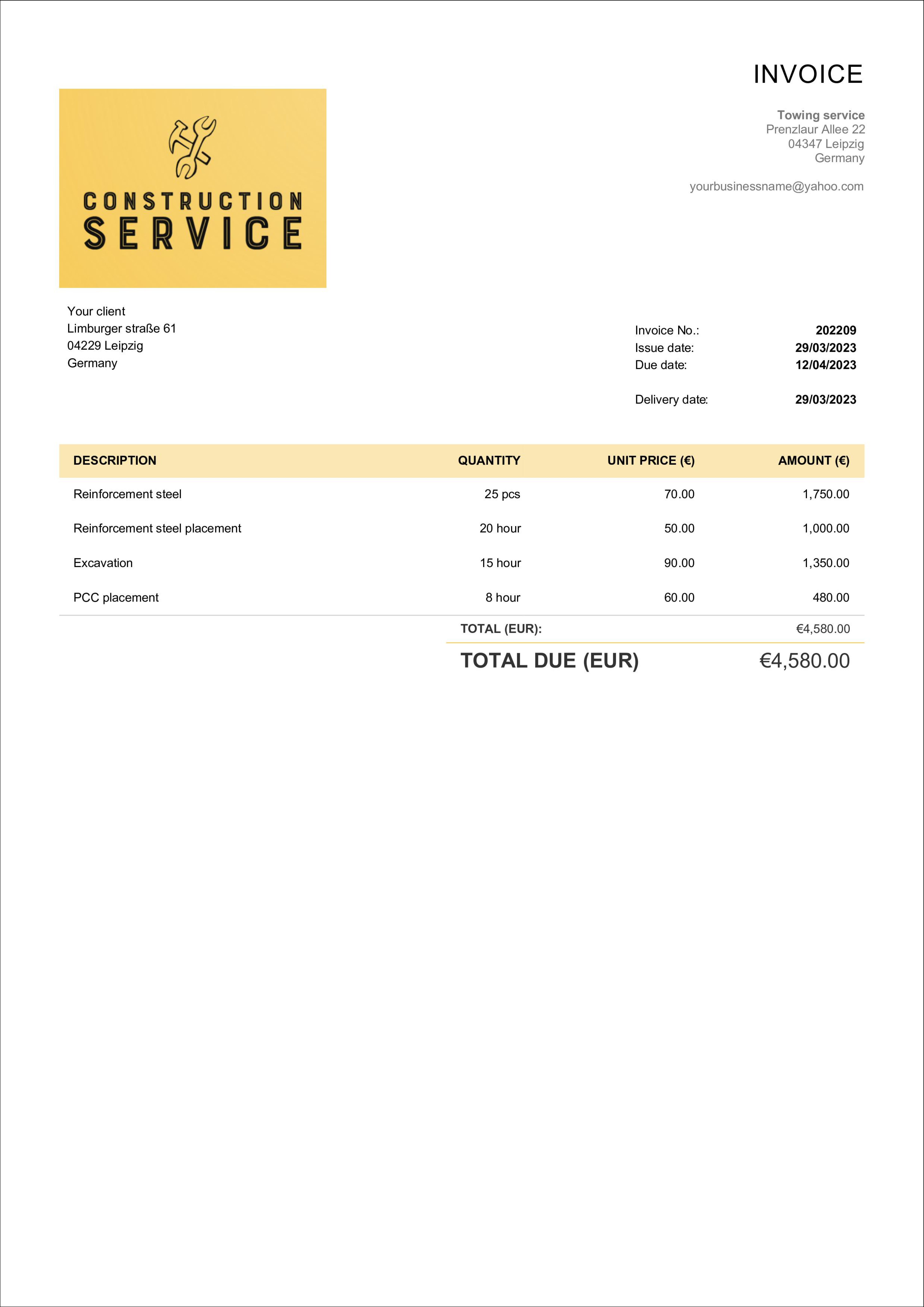 Free Professional Construction Invoice Templates  Billdu