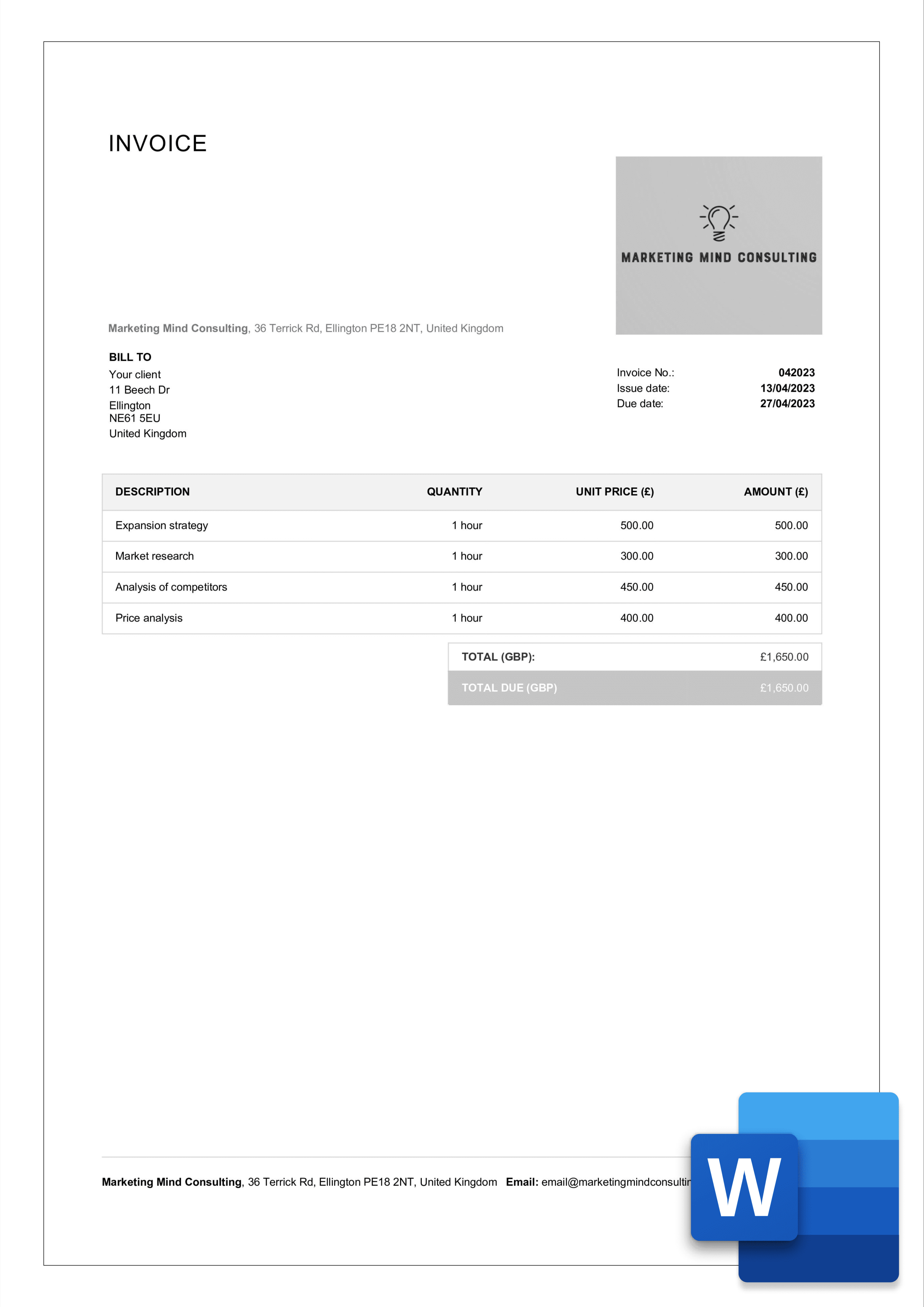 Free Professional Consulting Invoice Templates in Word  Billdu