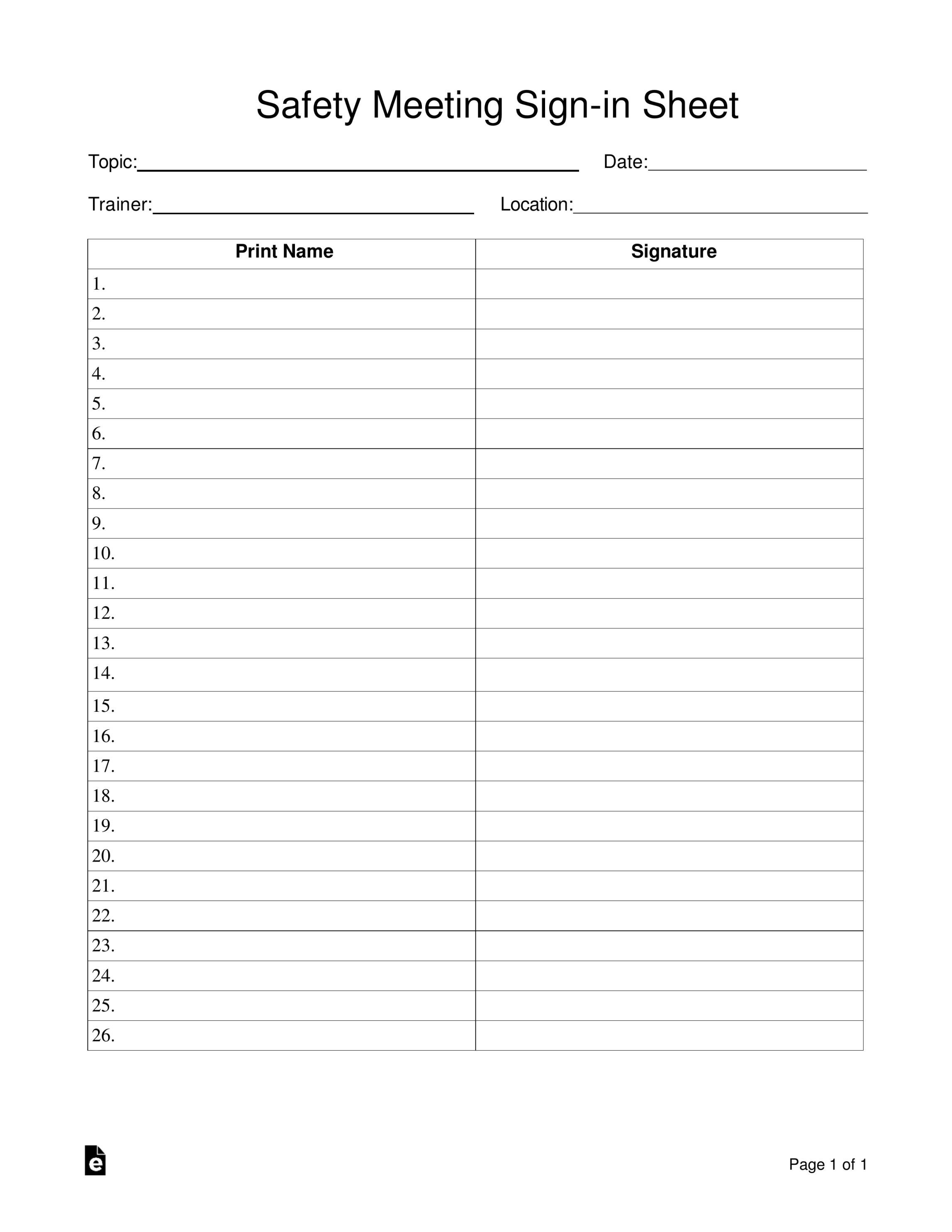 Free Safety Meeting Sign-in Sheet Template - PDF  Word – eForms