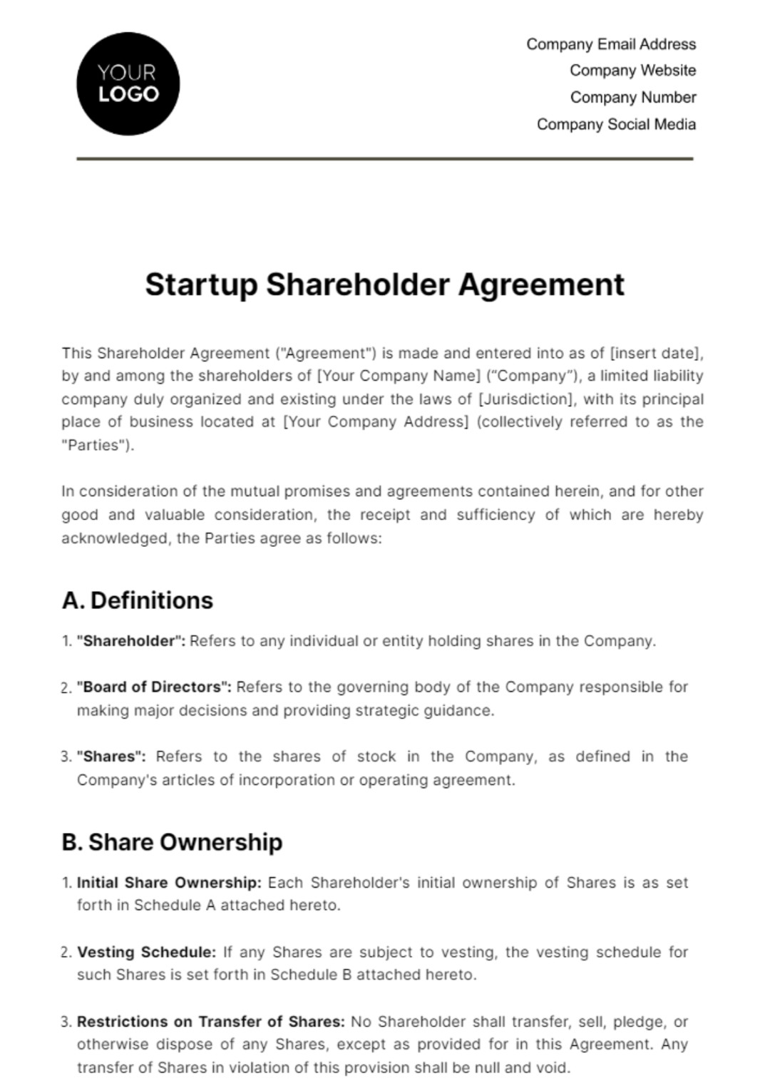 Free Startup Shareholder Agreement Template - Edit Online