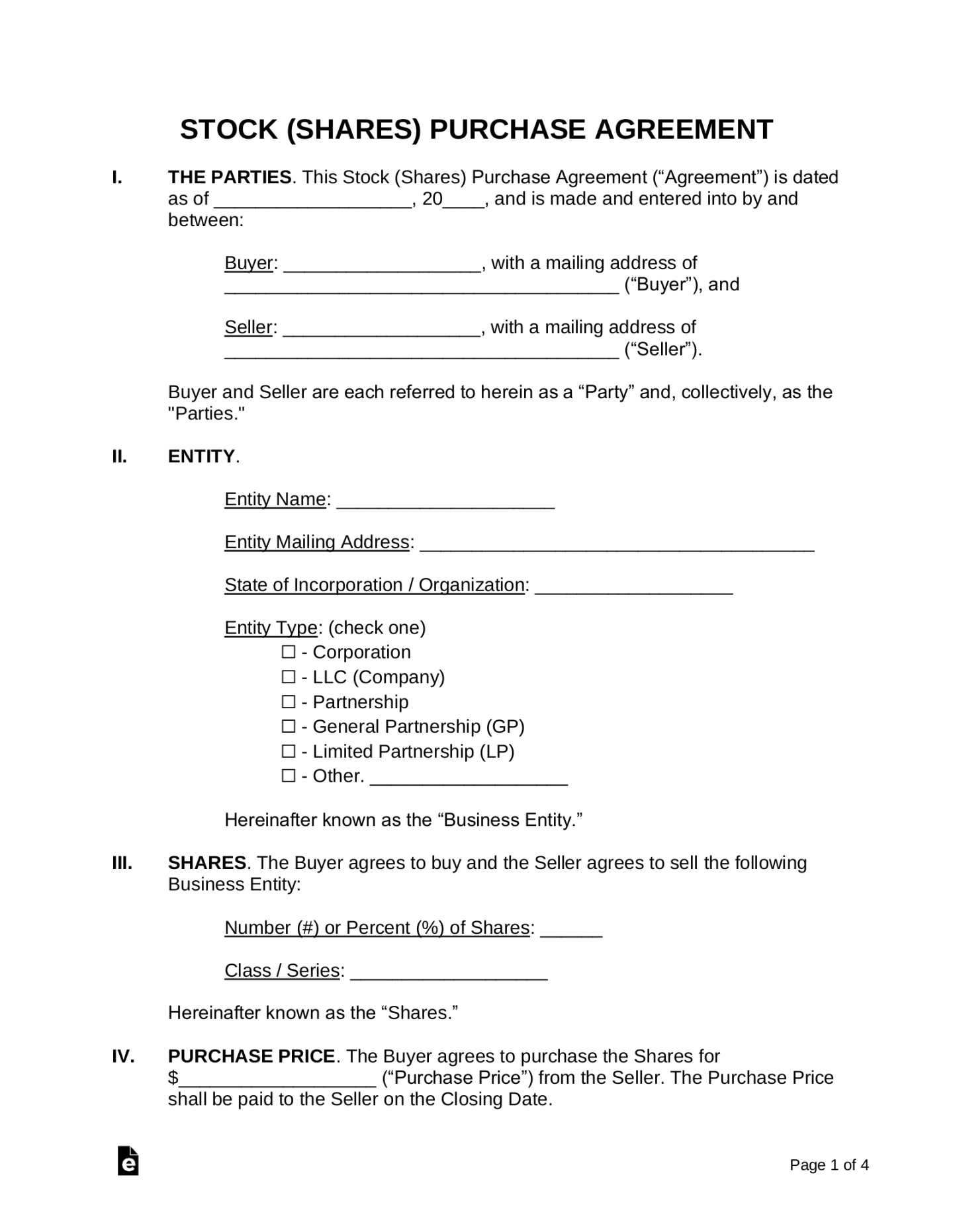 Free Stock (Shares) Purchase Agreement Template - PDF  Word – eForms