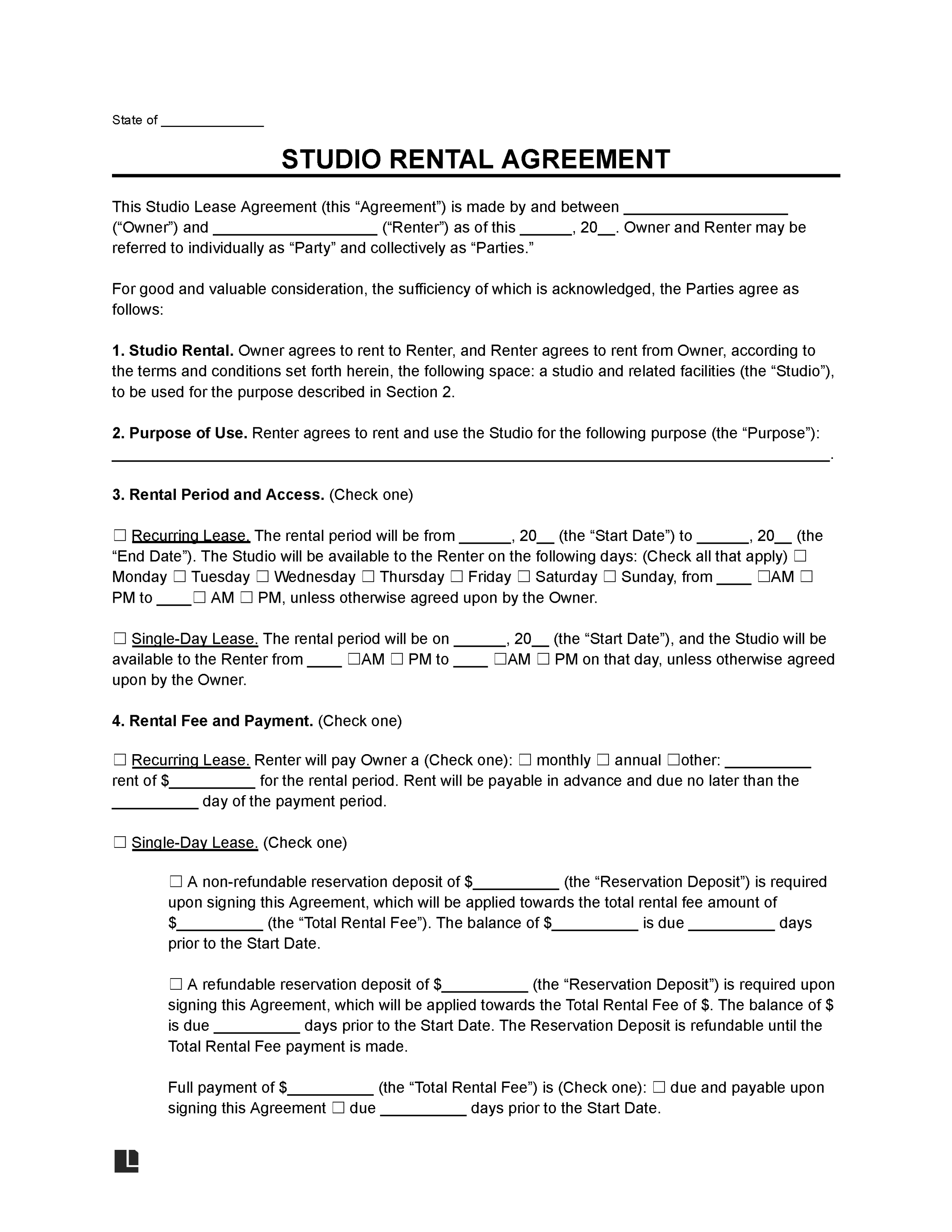 Free Studio Rental Agreement Template  PDF & Word