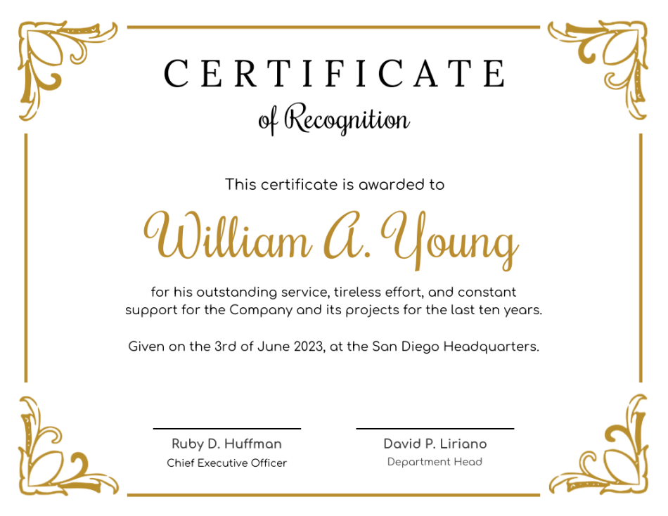 Golden Certificate of Recognition Template - Venngage