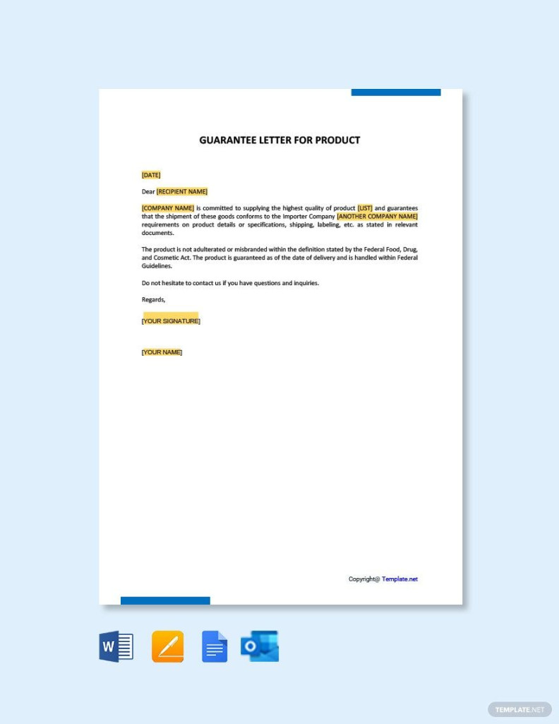 Guarantee Letter for Product in Pages, Outlook, PDF, Word, Google