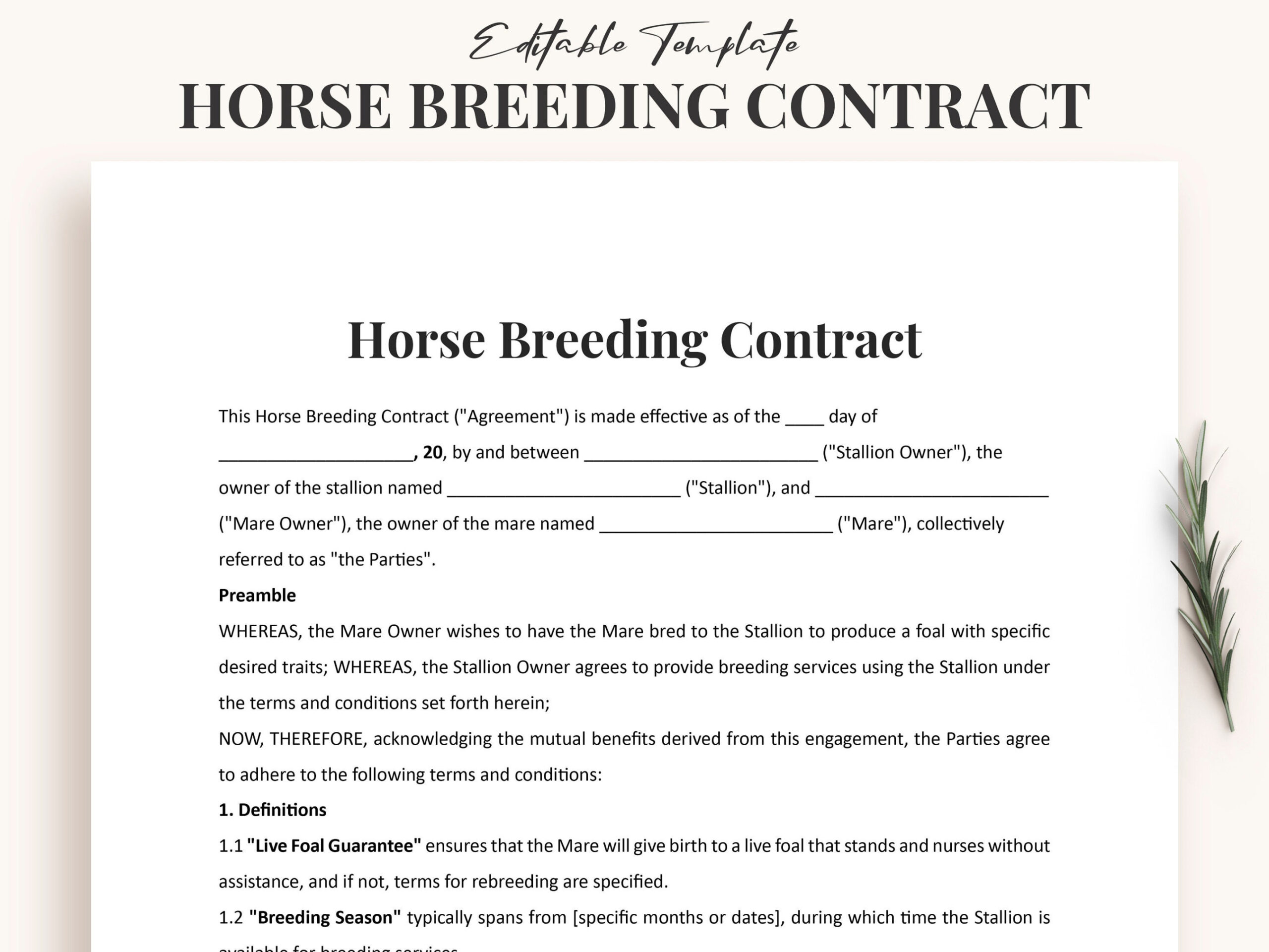 Horse Breeding Contract Template Customizable Equine Breeding