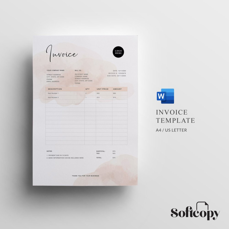 Invoice Template for Microsoft Word with Modern Watercolour Design (A and  US Letter size) — Softcopy