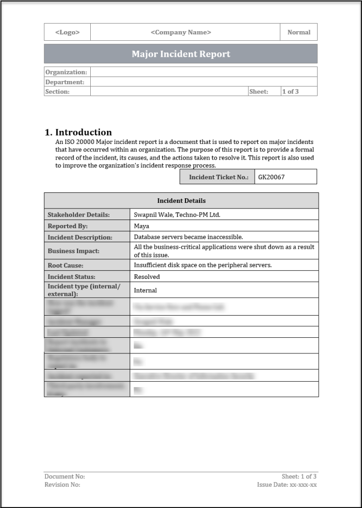 ISO  Major Incident Report Template – ISO Templates and