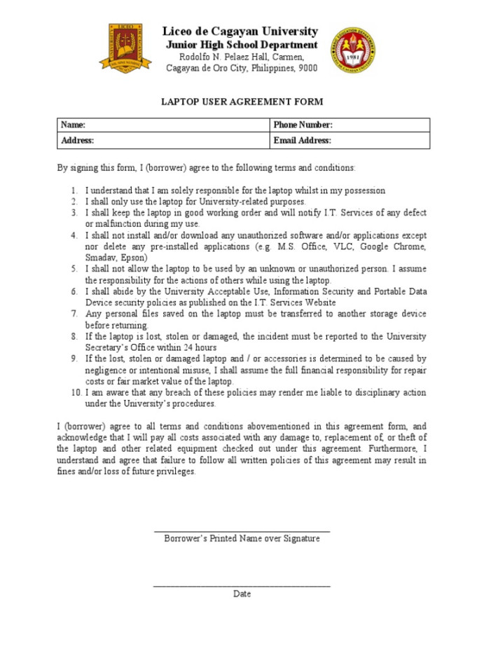 Laptop User Agreement Form  PDF  Laptop  Information Security