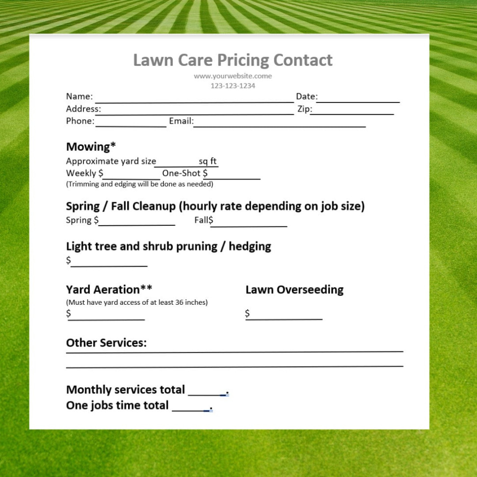 Lawn Care Mowing Pricing Sheet Bid proposal estimate agreement