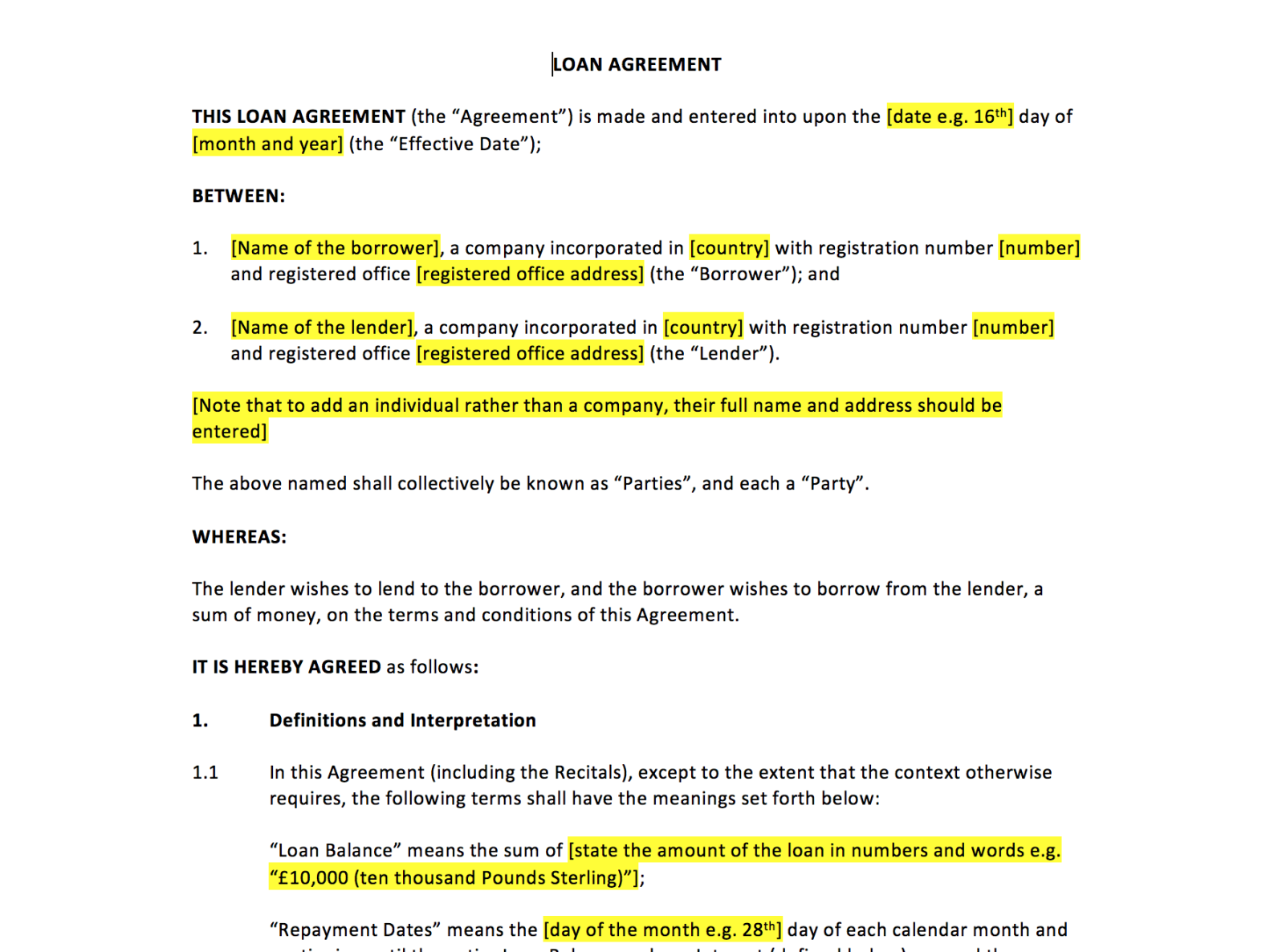 Loan Agreement Template  UK Template Agreements and Sample Contracts