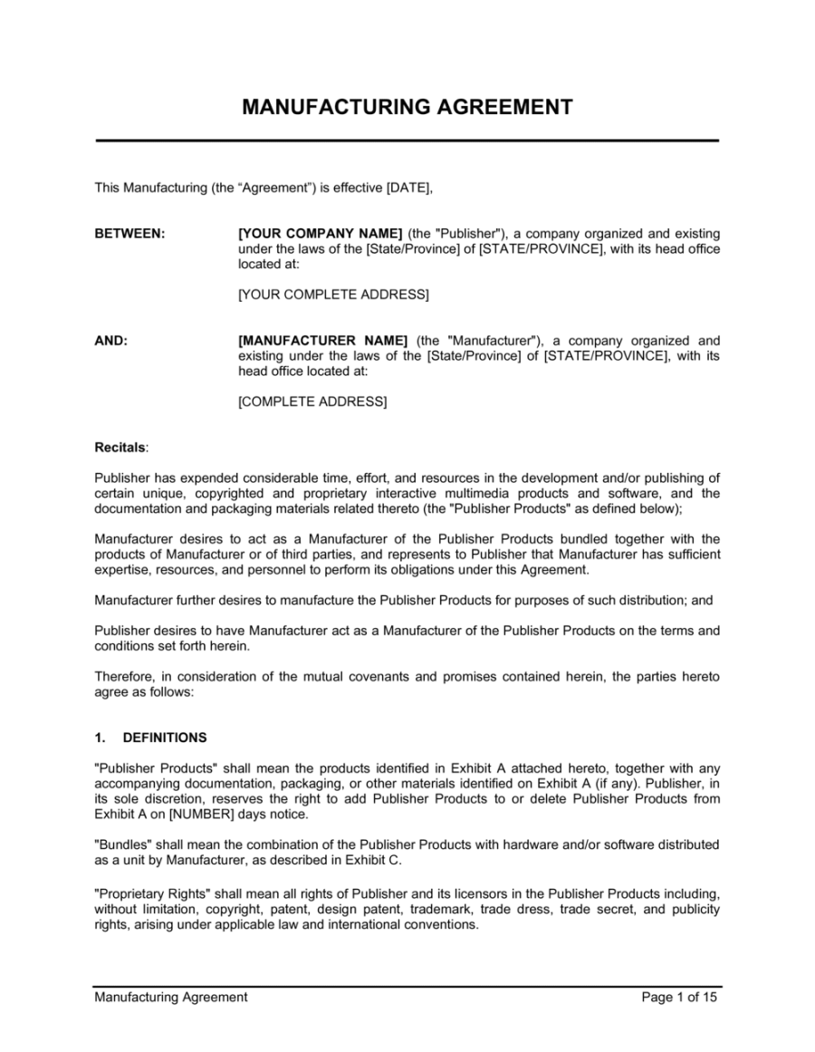 Manufacturing Agreement Template (Download)