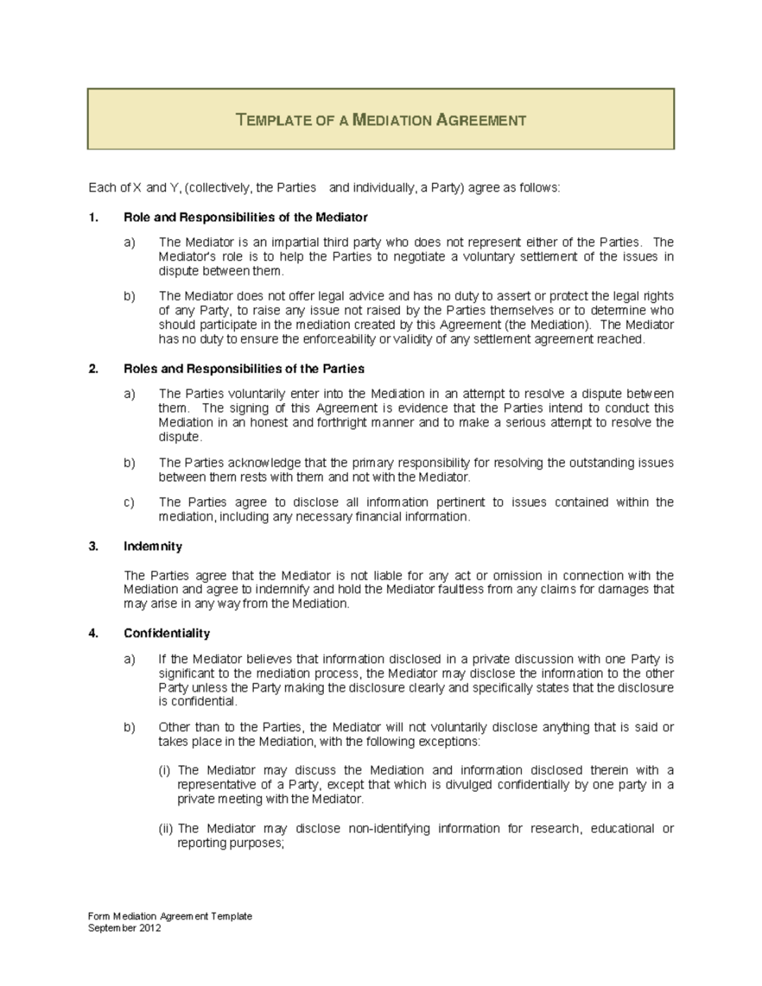 Mediation plan - Form Mediation Agreement Template September