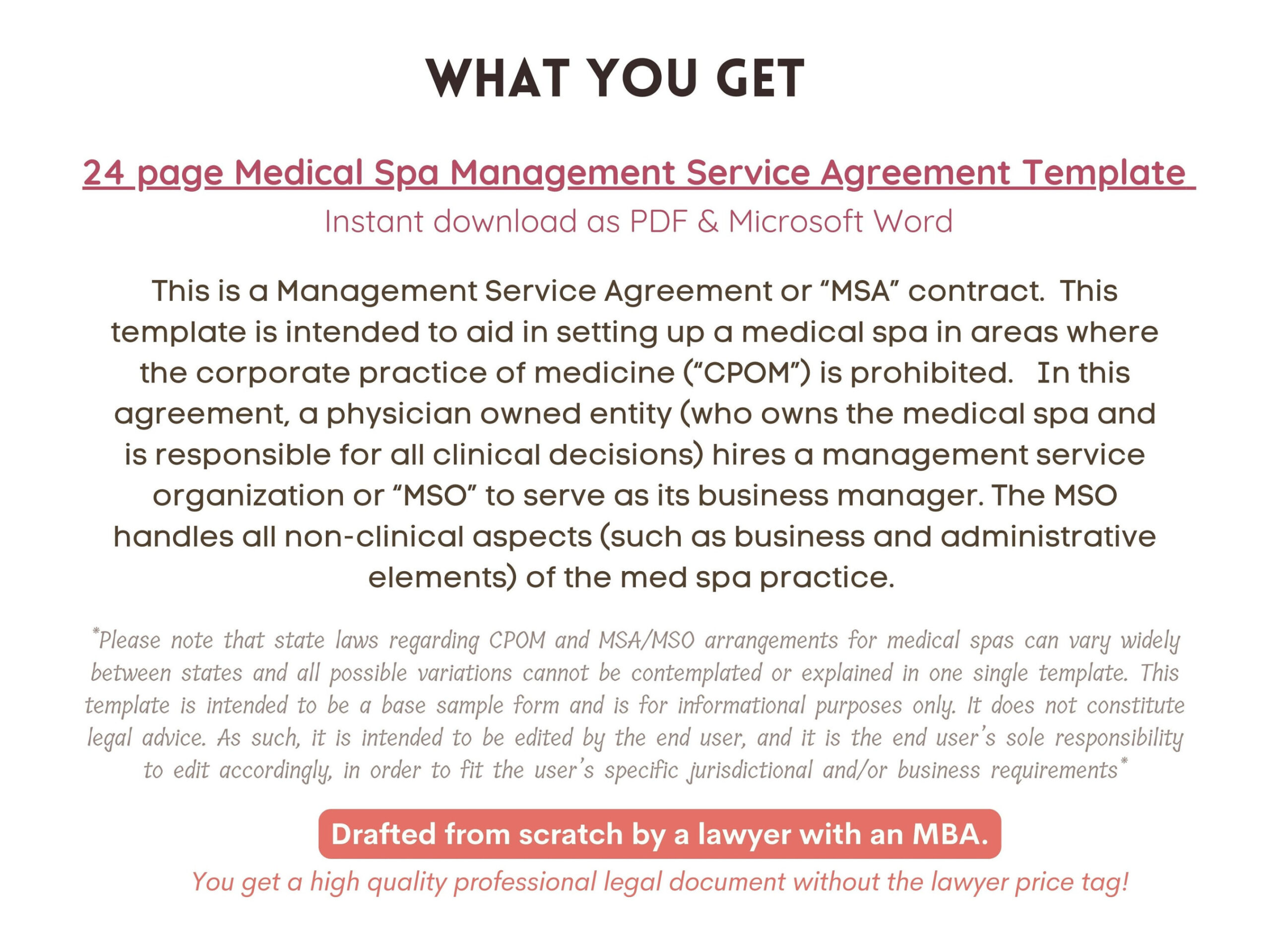 Medical Spa MSA Med Spa Management Service Agreement Contract