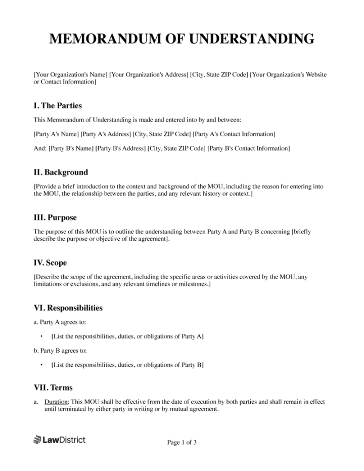 Memorandum of Understanding (MOU) Template  LawDistrict