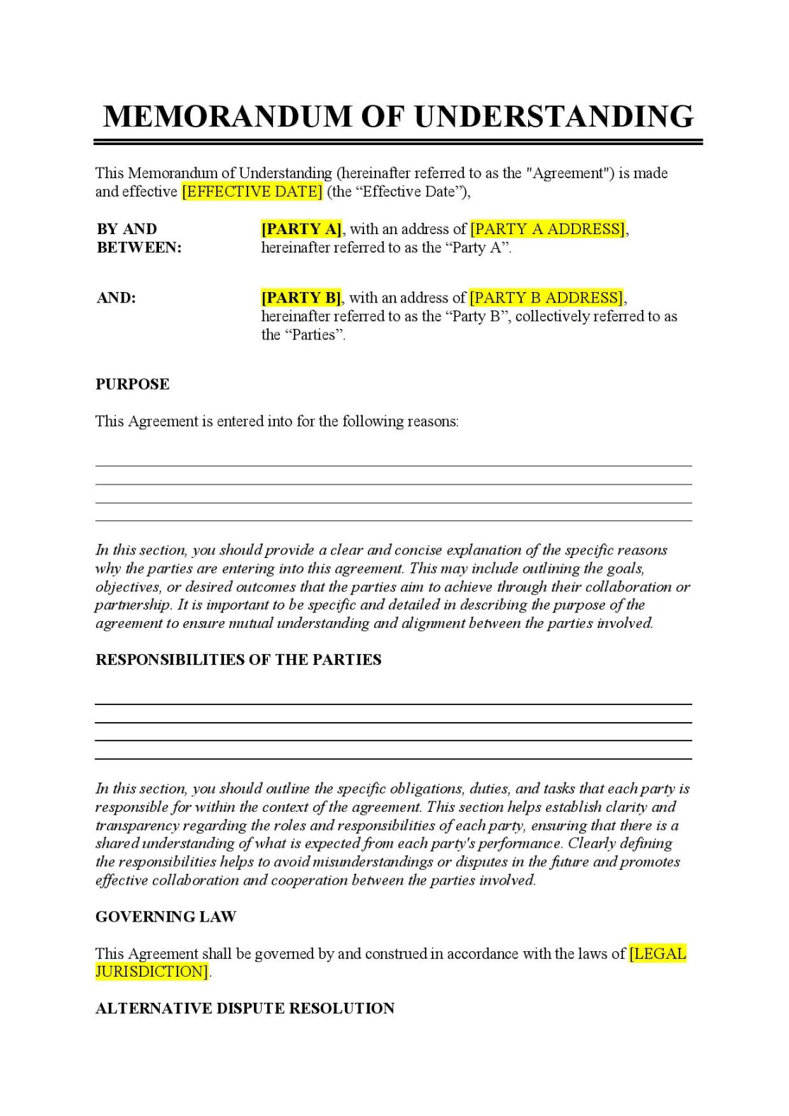 Memorandum of Understanding Template - Free Download - Easy Legal Docs