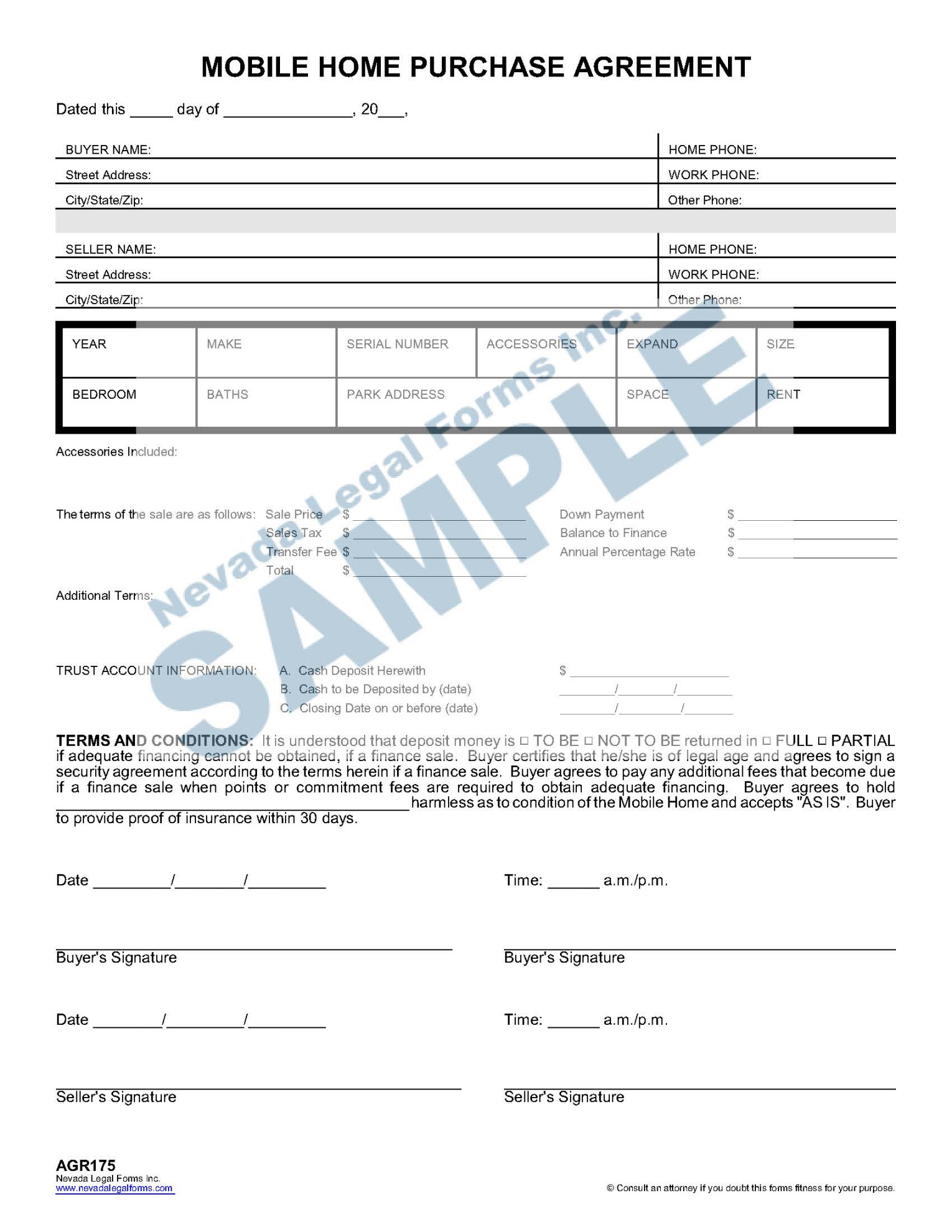 MOBILE HOME PURCHASE AGREEMENT  Nevada Legal Forms & Services