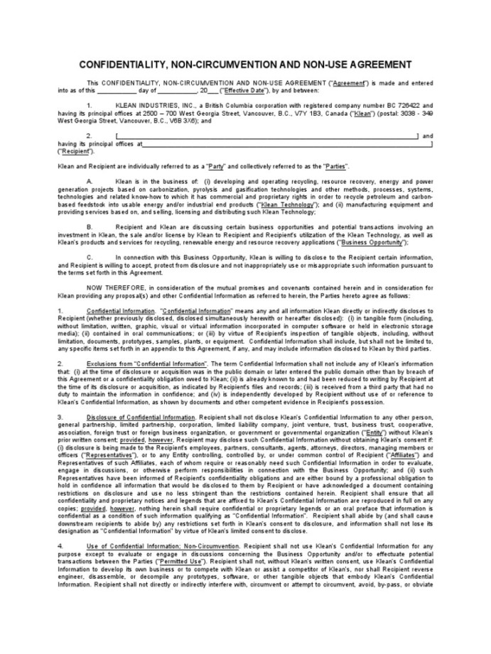 NDA, Non-Use and Non-Circumvention Agreement Template  PDF