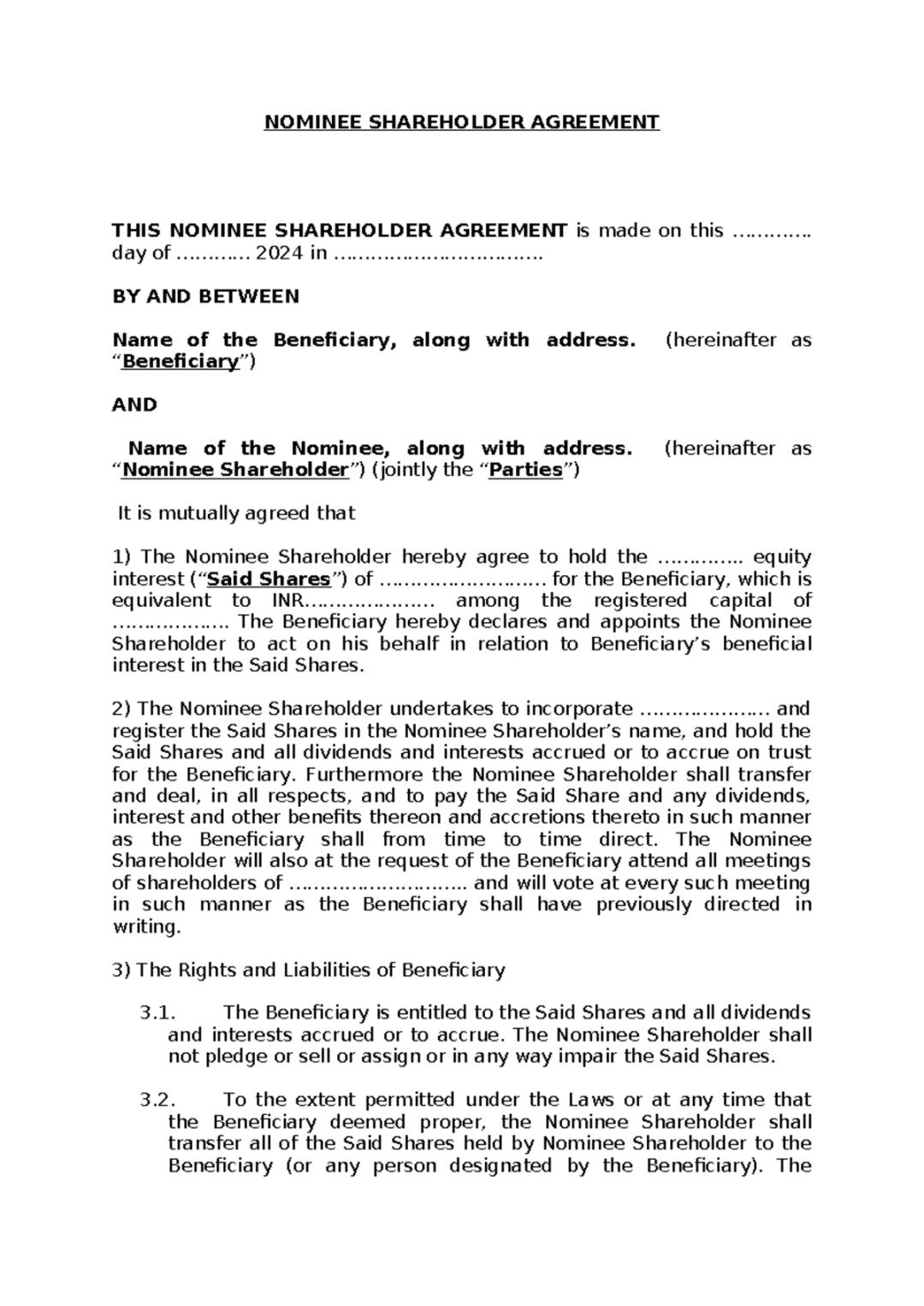 Nominee Shareholders Agreement-  - NOMINEE SHAREHOLDER AGREEMENT