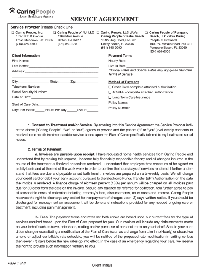 Non medical home care service agreement template: Fill out & sign