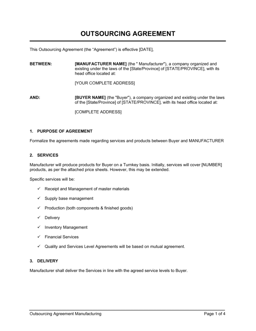 Outsourcing Agreement Manufacturing Template (Download)