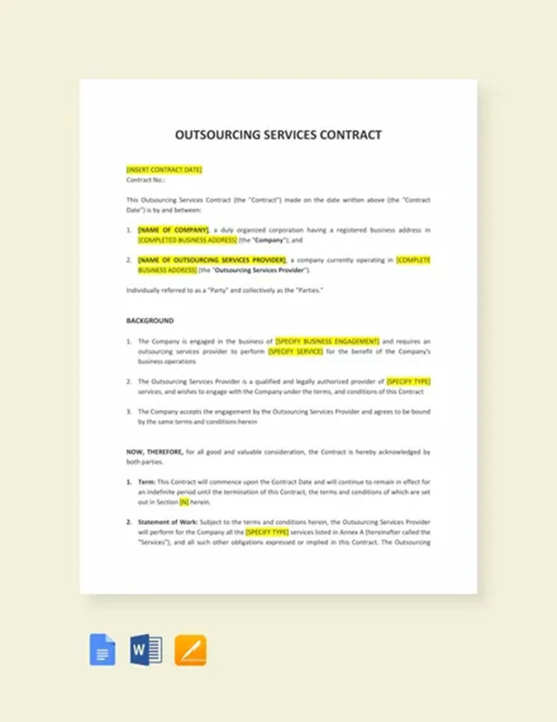 Outsourcing Services Contract Template in PDF, Pages, Word, Google