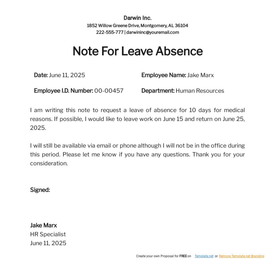 Parent Note for School Absence Template in Word, Google Docs