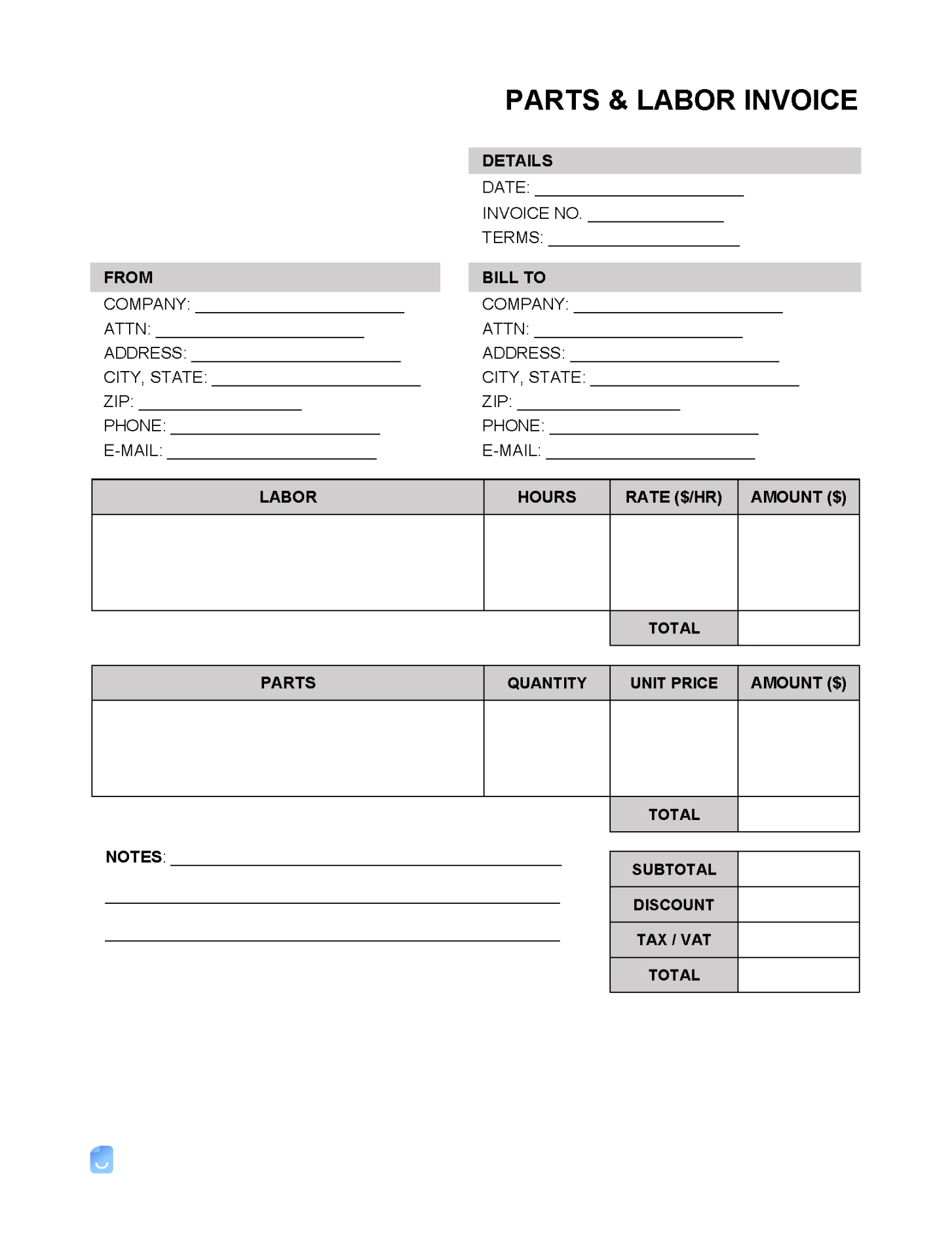 Parts and Labor Invoice Template  Invoice Maker