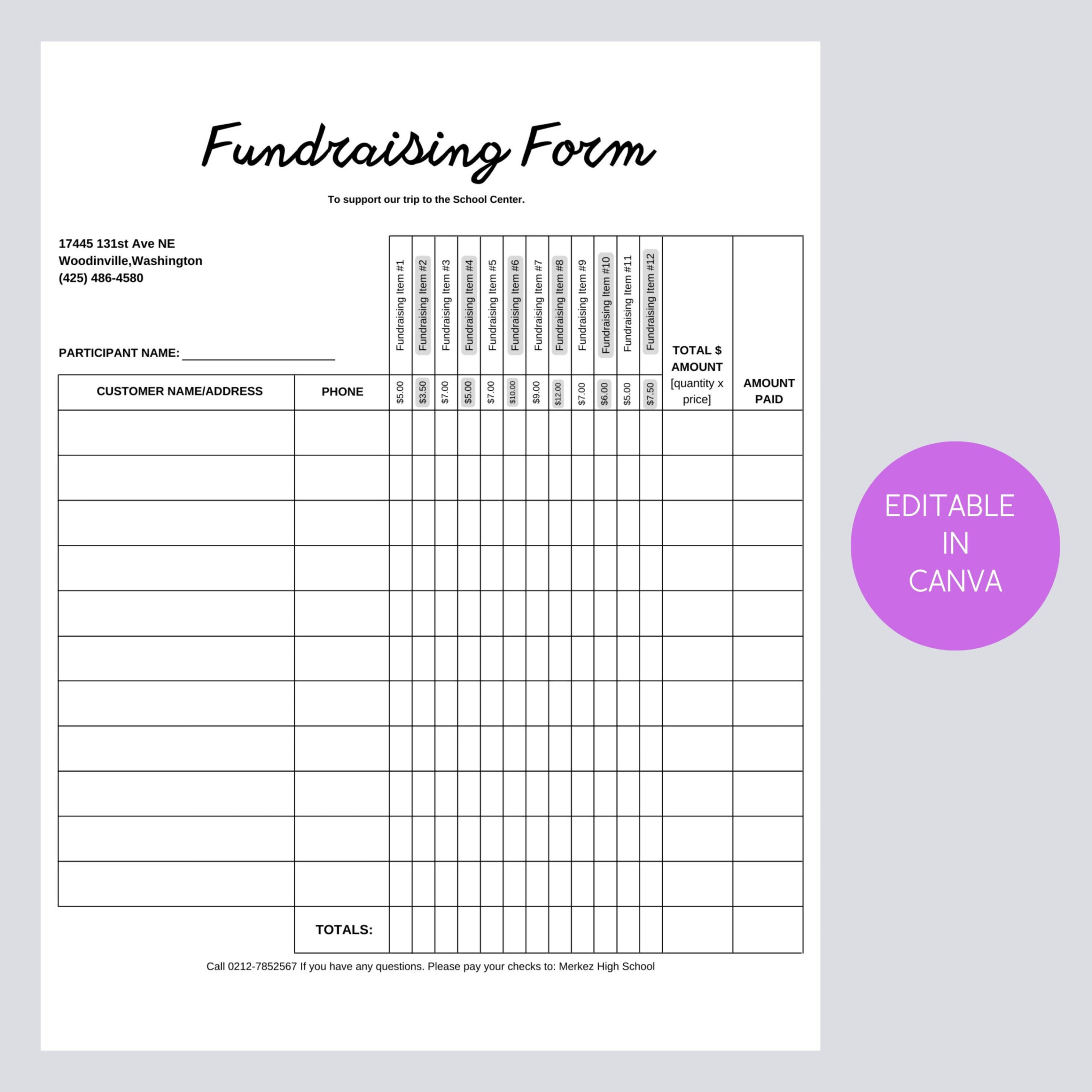 Printable Fundraising Form Order Tracking Page, Canva Template,