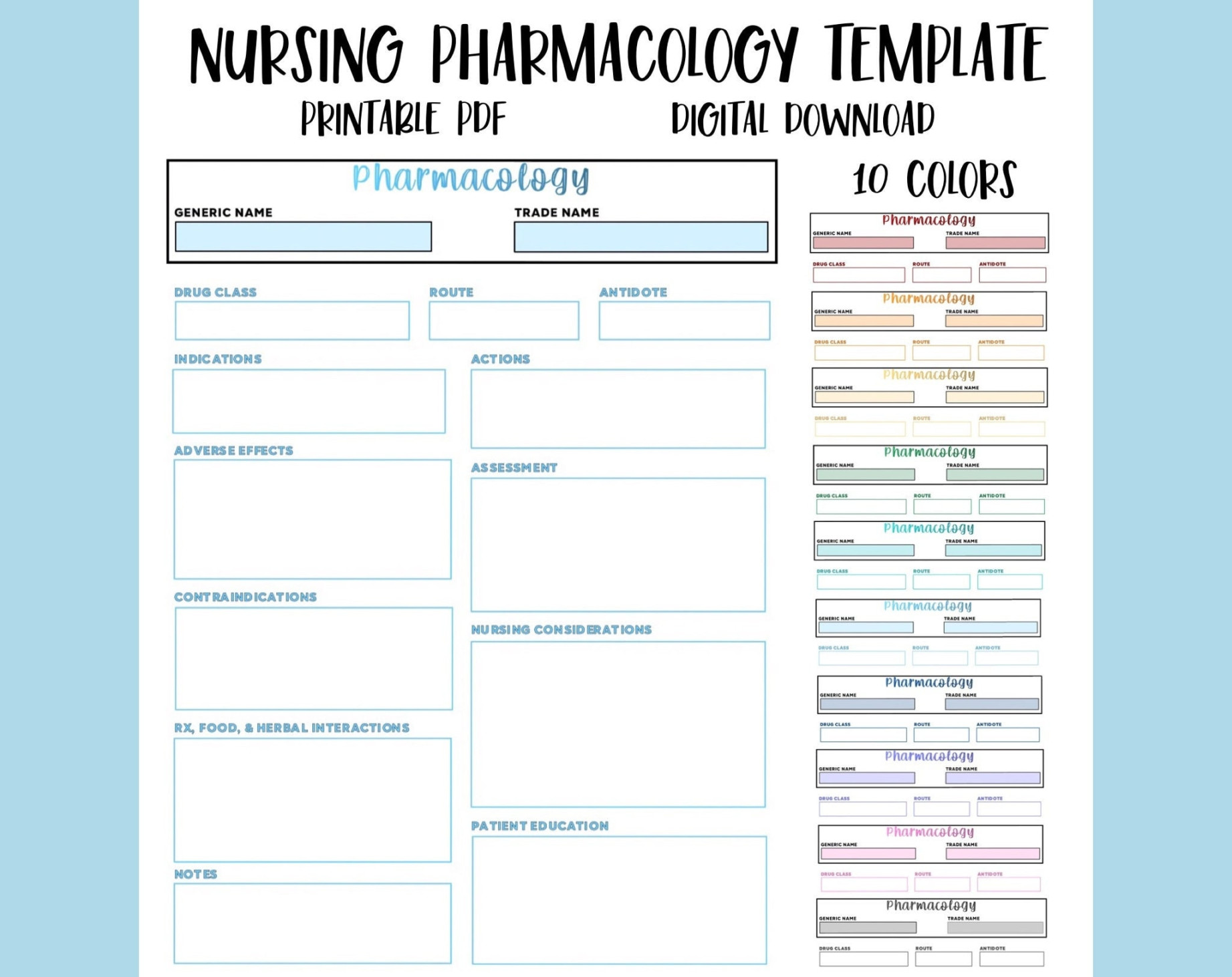 Printable Nursing Pharmacology Drug Card Template, Blank Med Card