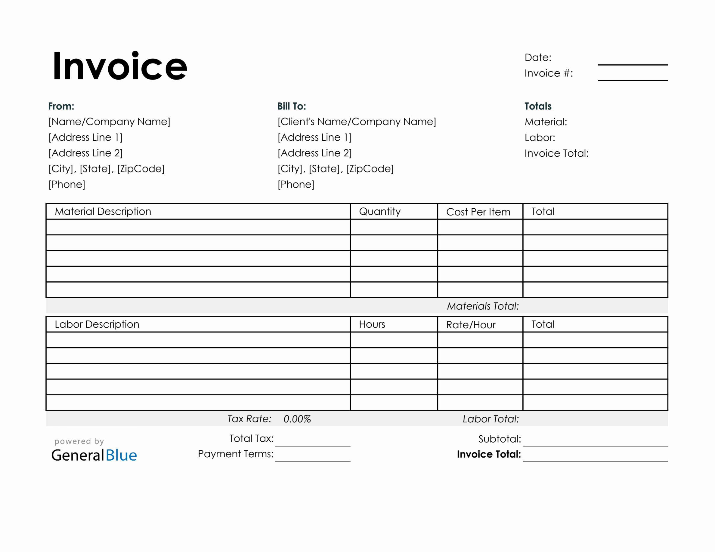 Printable Time and Materials Invoice in Excel (Simple)