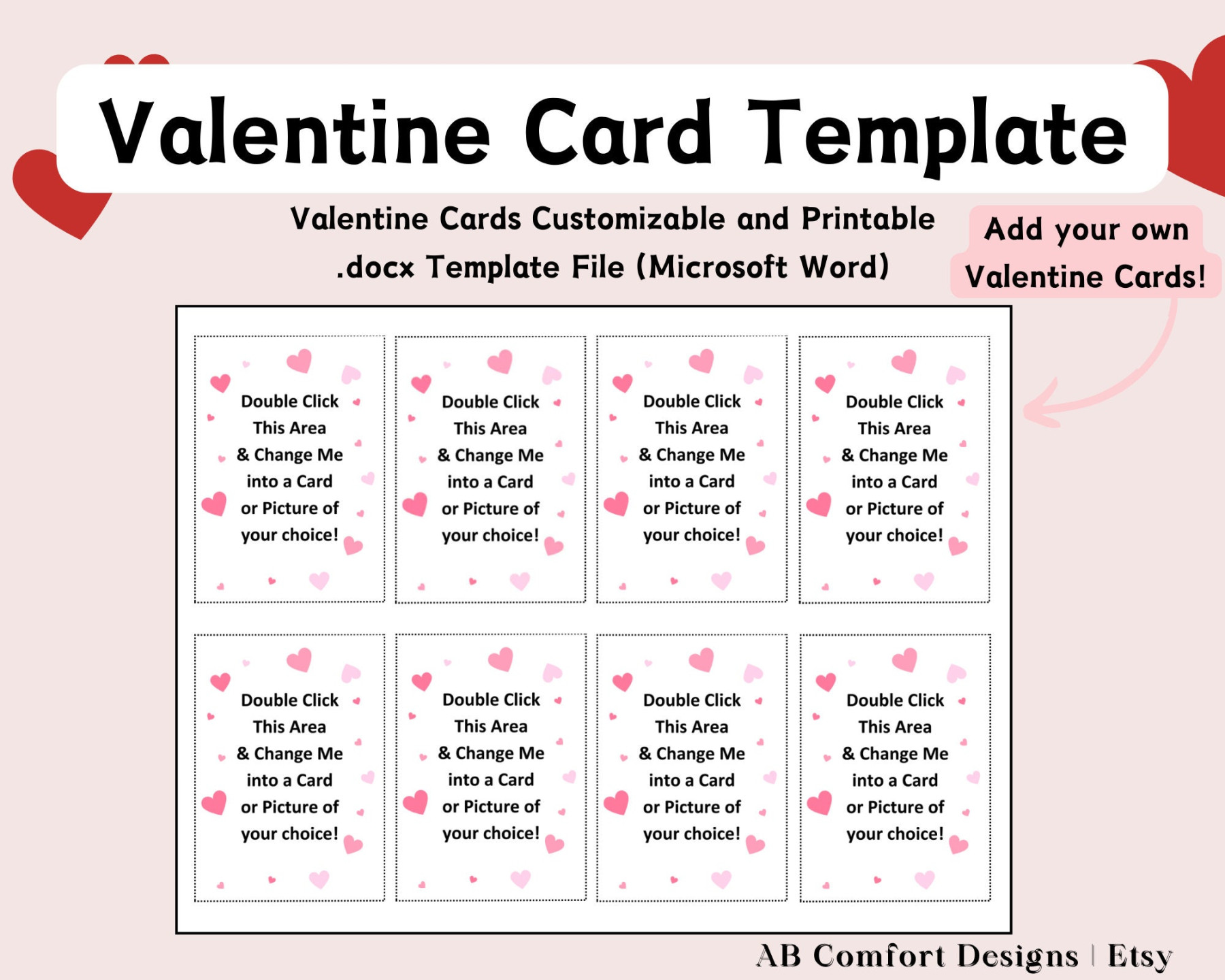 Printable Valentine Day Cards Template, Customizable Editable