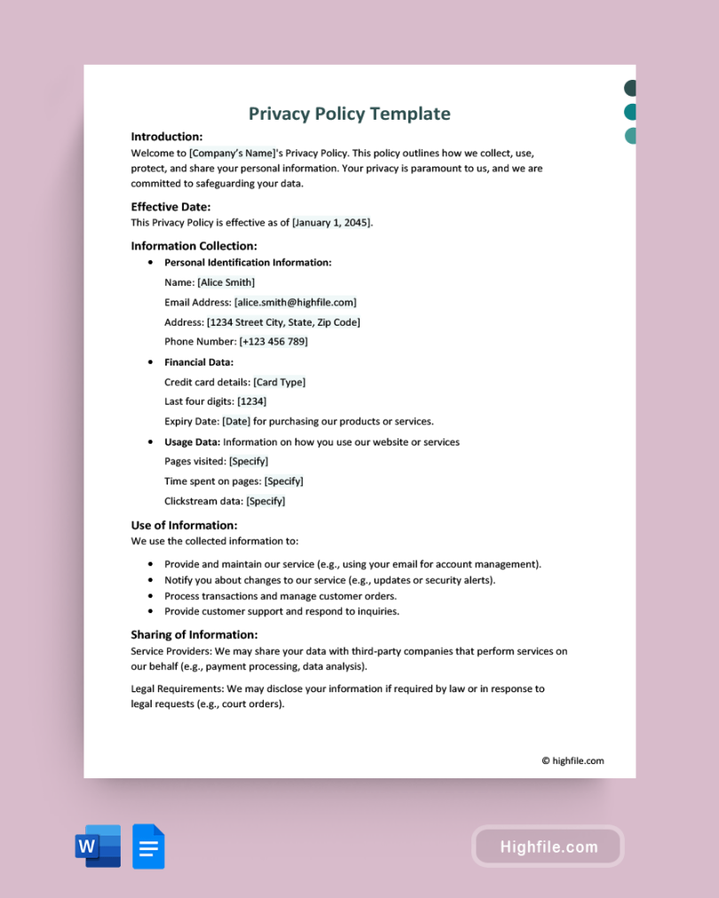 Privacy Policy Template - Word  Google Docs - Highfile