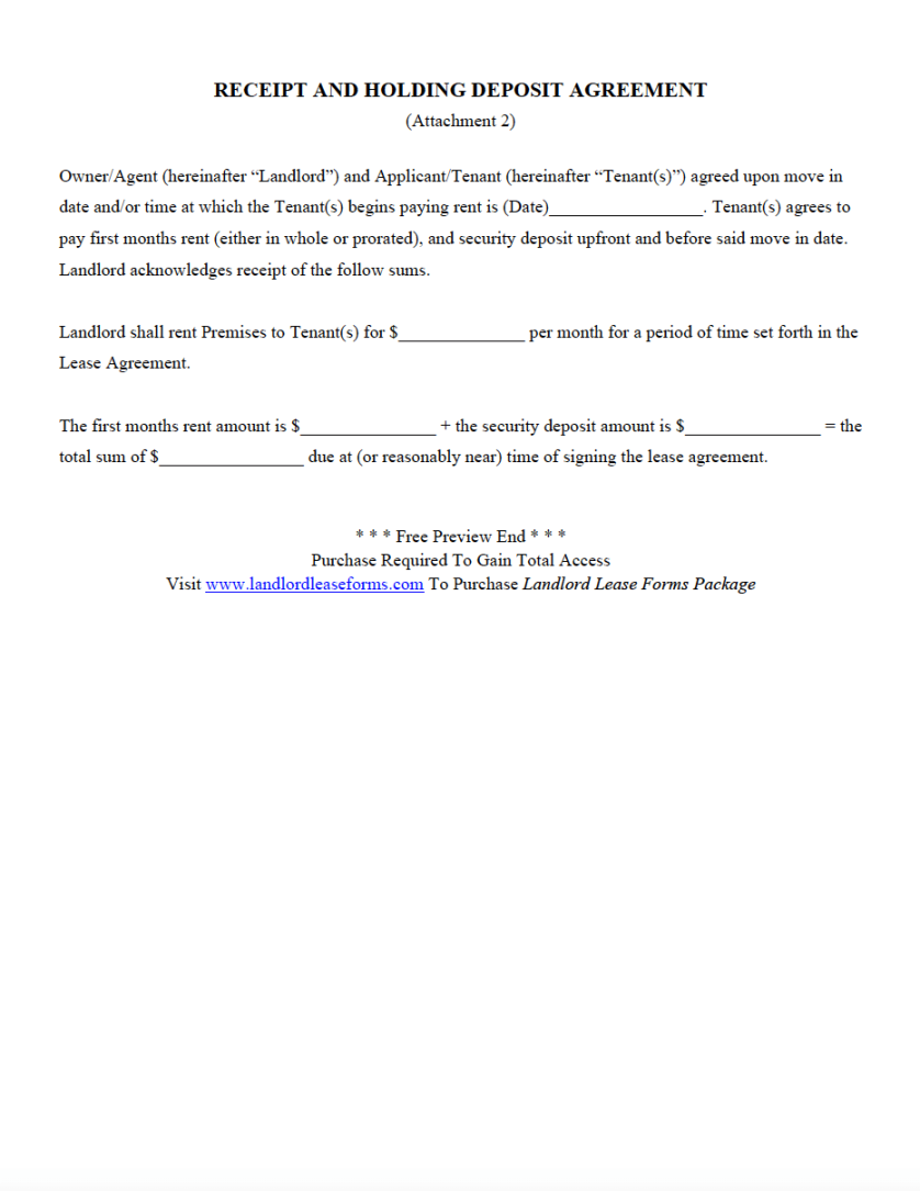 Receipt And Holding Deposit Agreement  Landlord Lease Forms