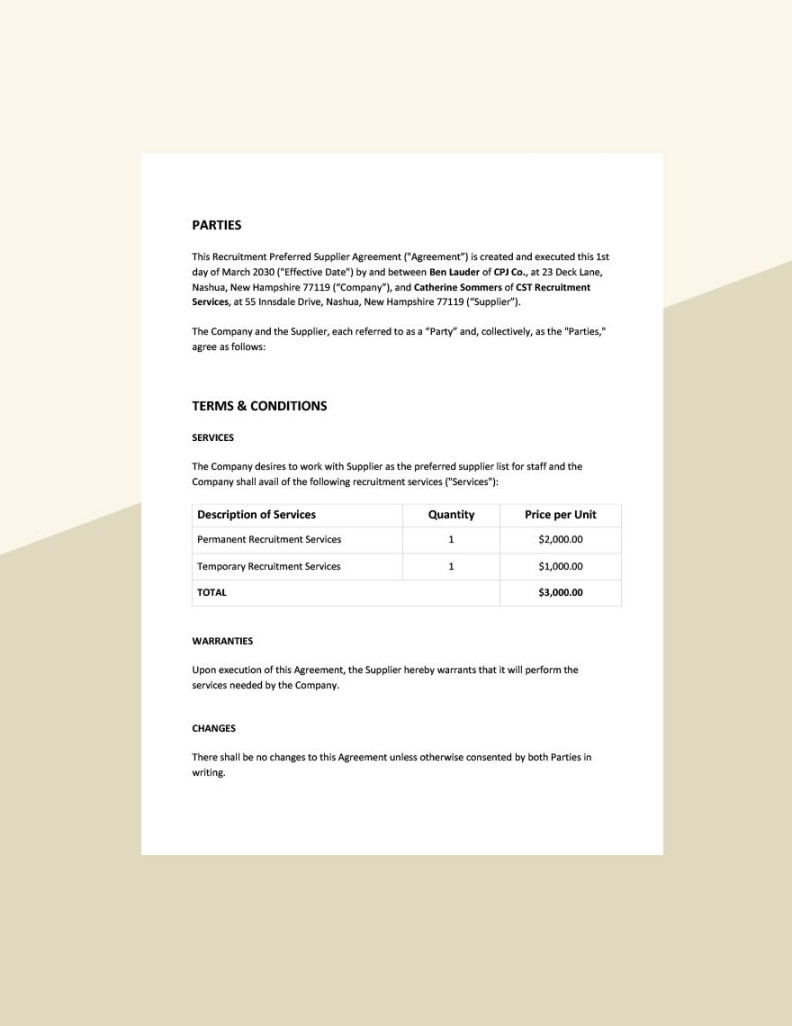 Recruitment Preferred Supplier Agreement Template in Word, Google