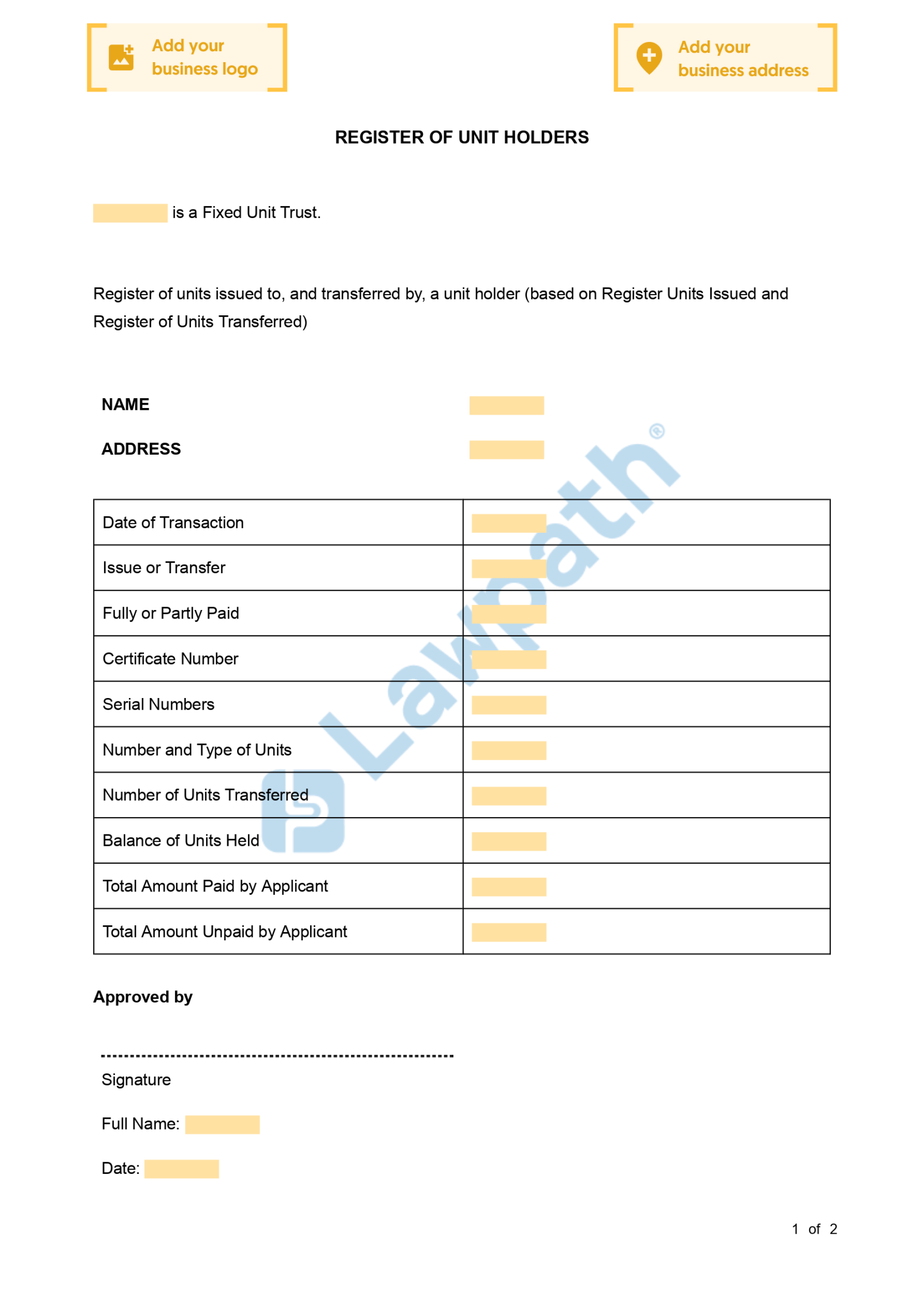 Register of Unit Holders - Free Template  Sample - Lawpath