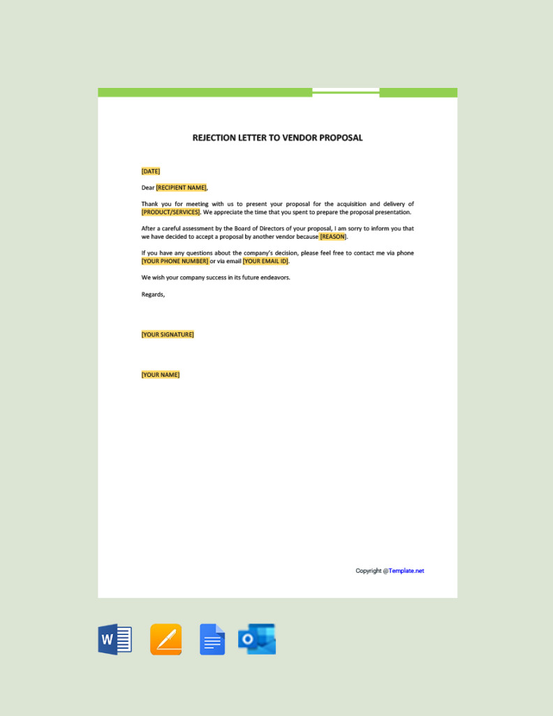 Rejection Letter To Vendor Proposal in Google Docs, Word, Pages