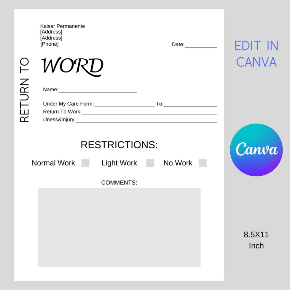 Return to Work Doctors Note Kaiser Edition Edıtable Canva Template