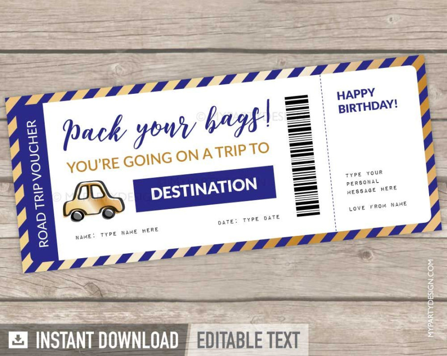 Road Trip Gift Ticket, Travel Voucher - Blue