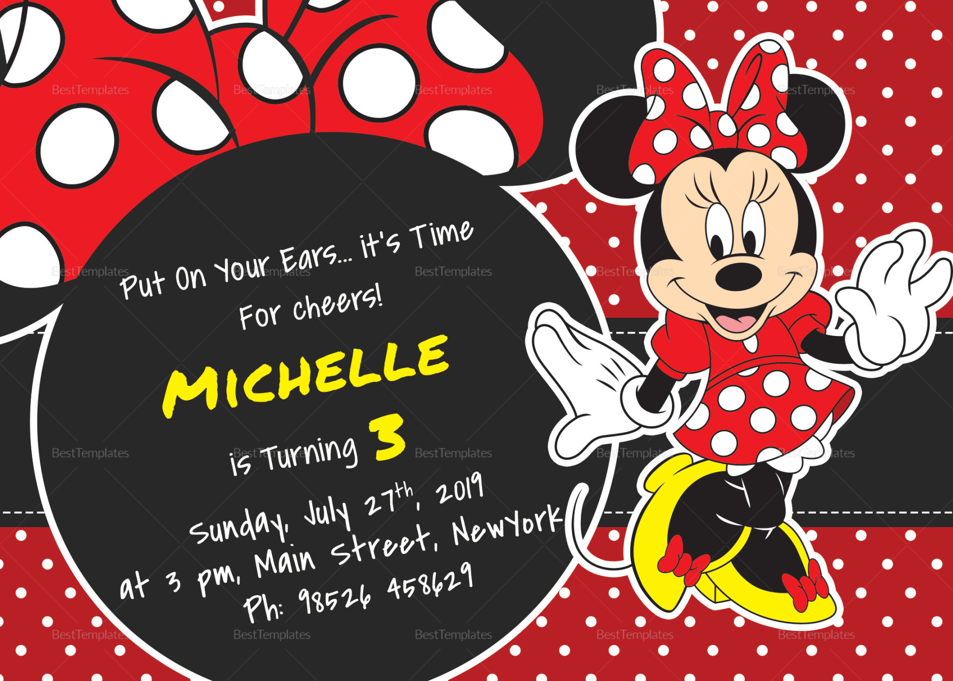 Rocking Minnie Mouse Birthday Invitation Card Design Template in