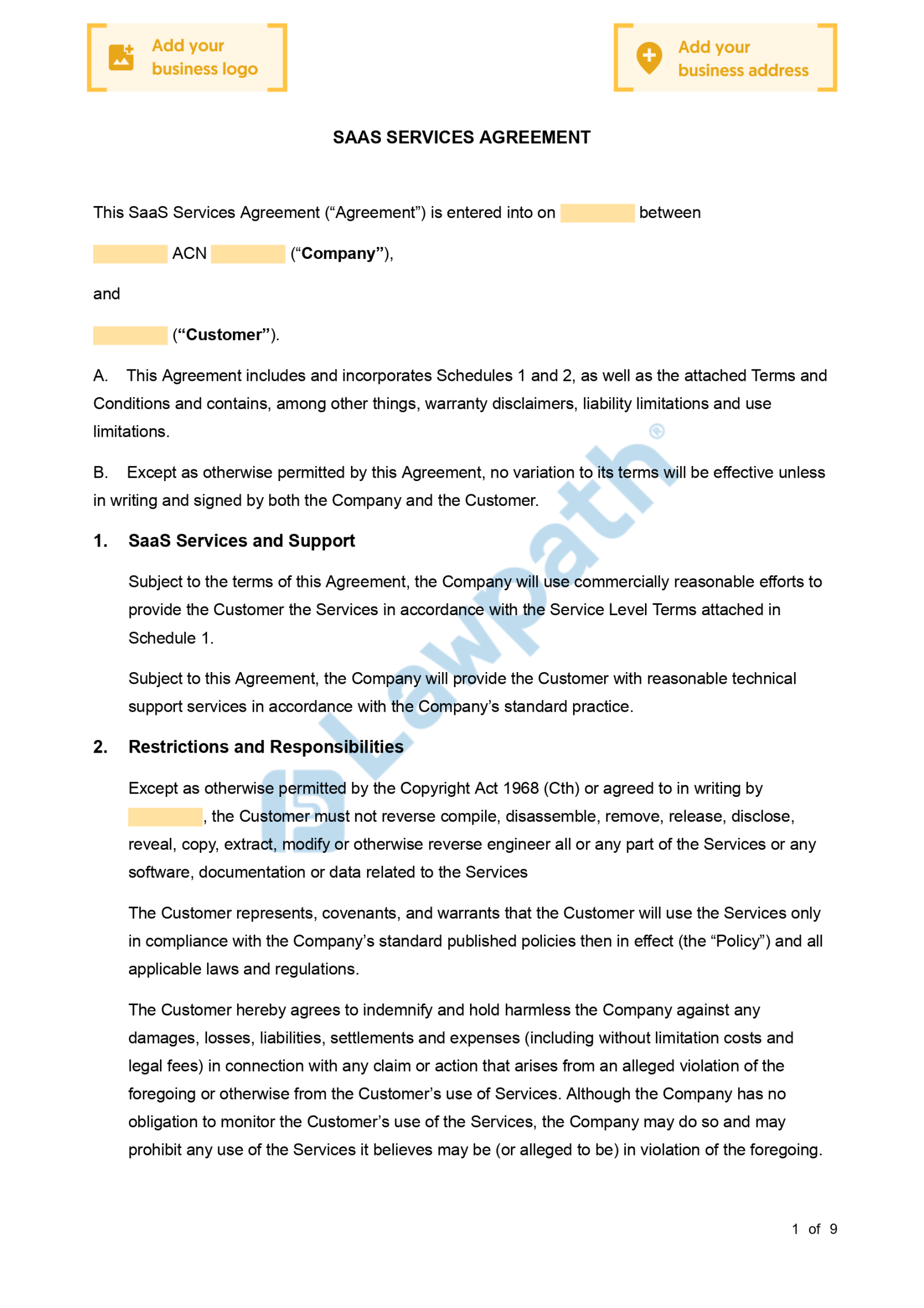 SaaS Agreement (Software as a Service) - Free Template  Sample