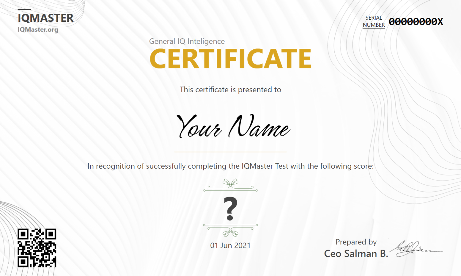 Sample IQ Certificate  IQMaster™ Pro