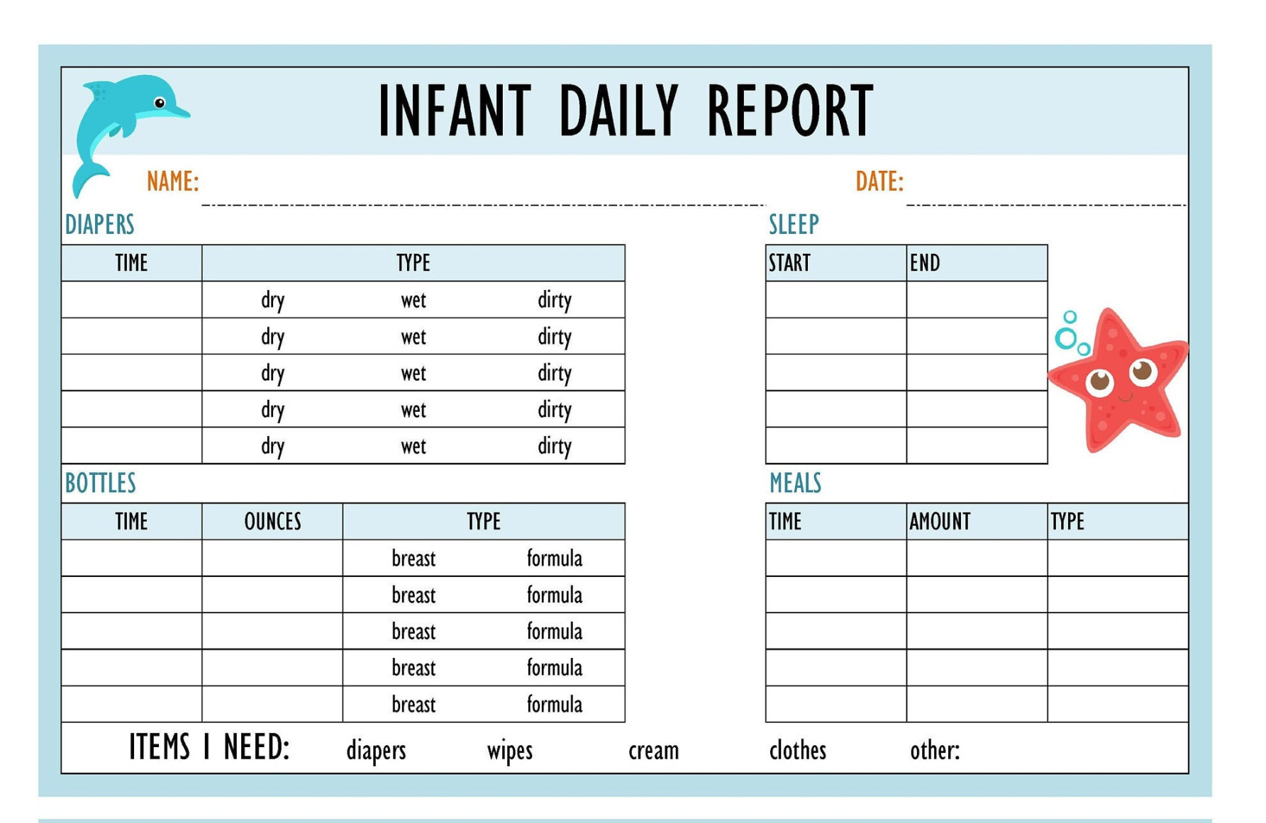 Sea Daycare Infant Daily Report Digital Download PDF - Etsy