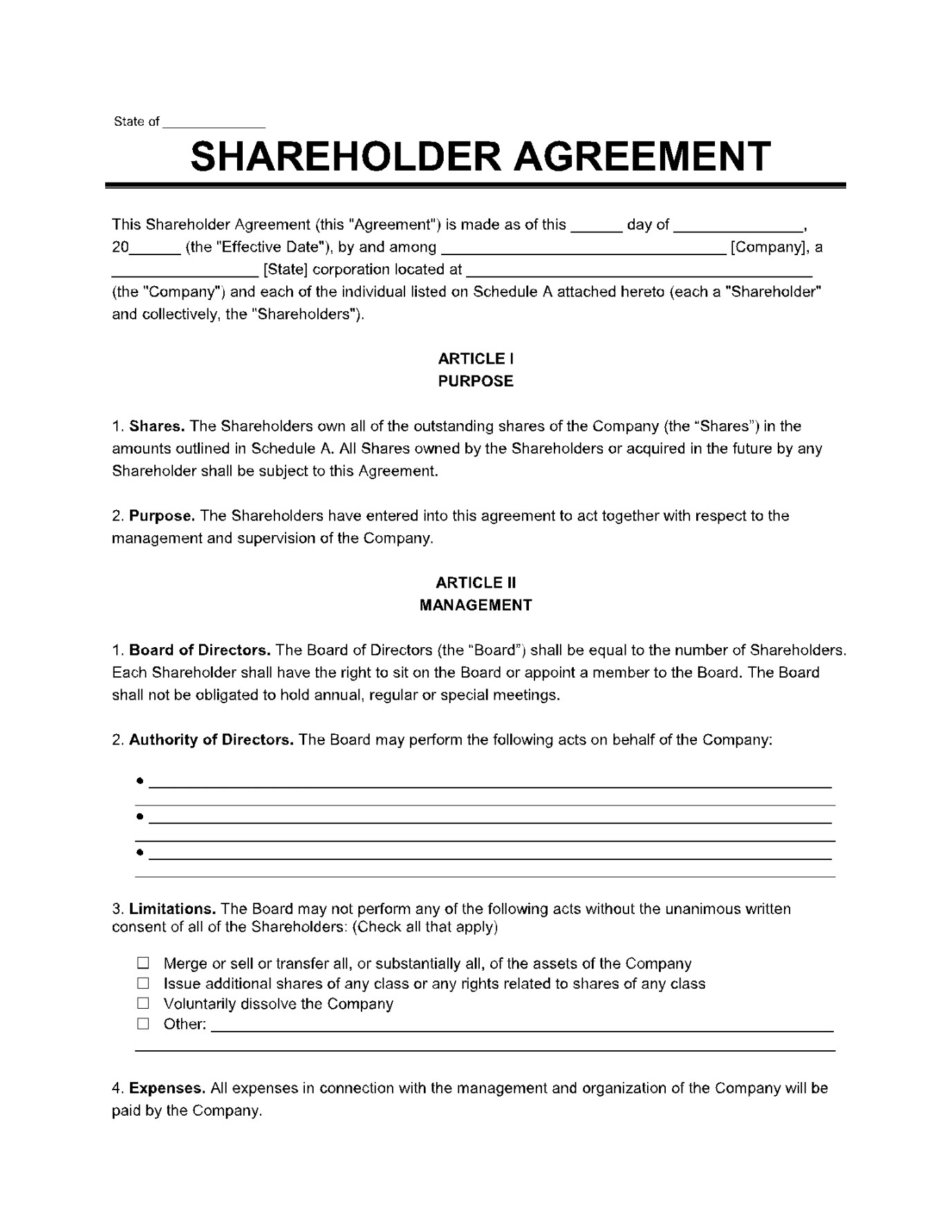 Shareholder Agreement Template (Free Download)