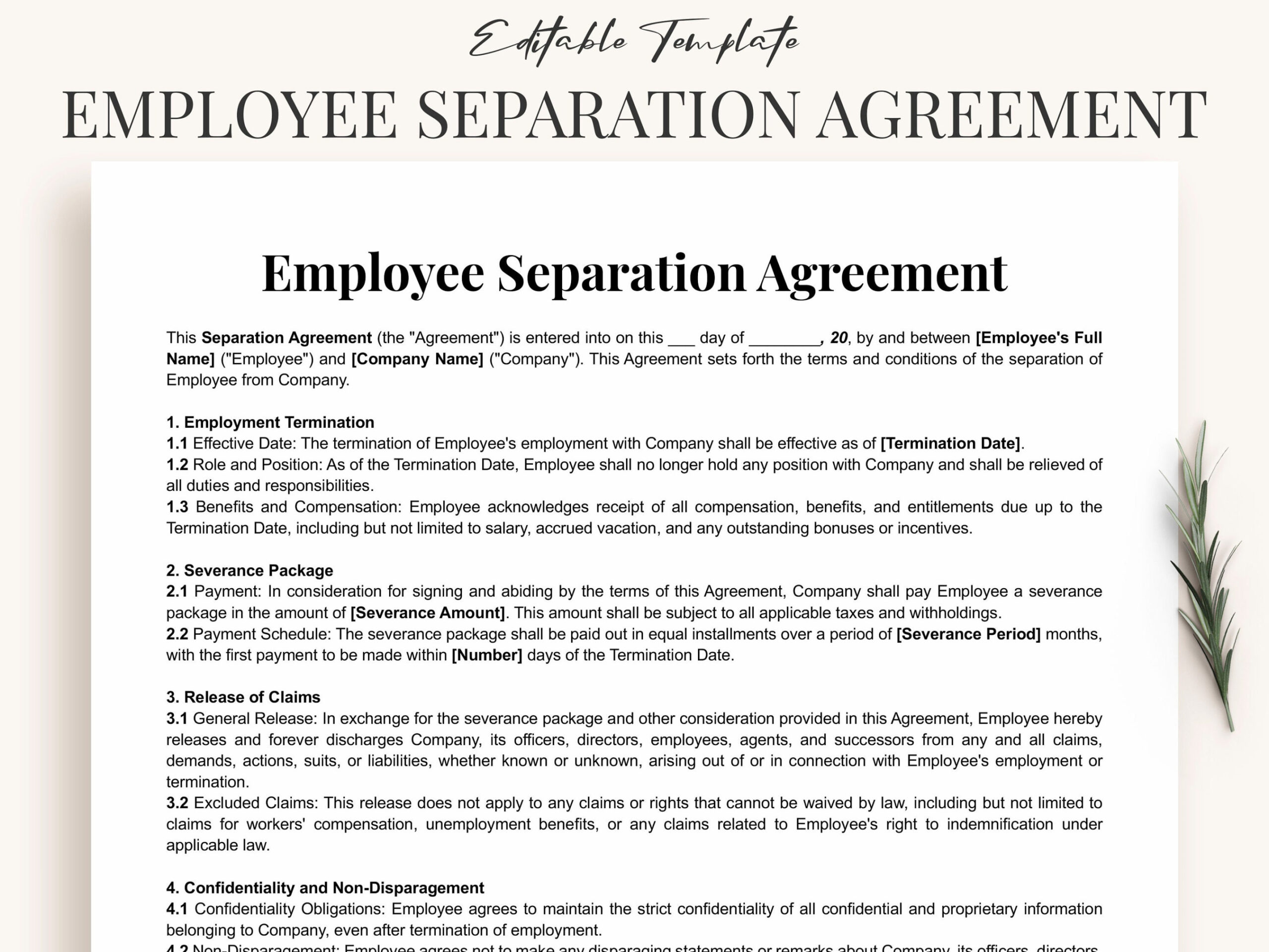 Simple Employee Separation Agreement Template Printable Employee