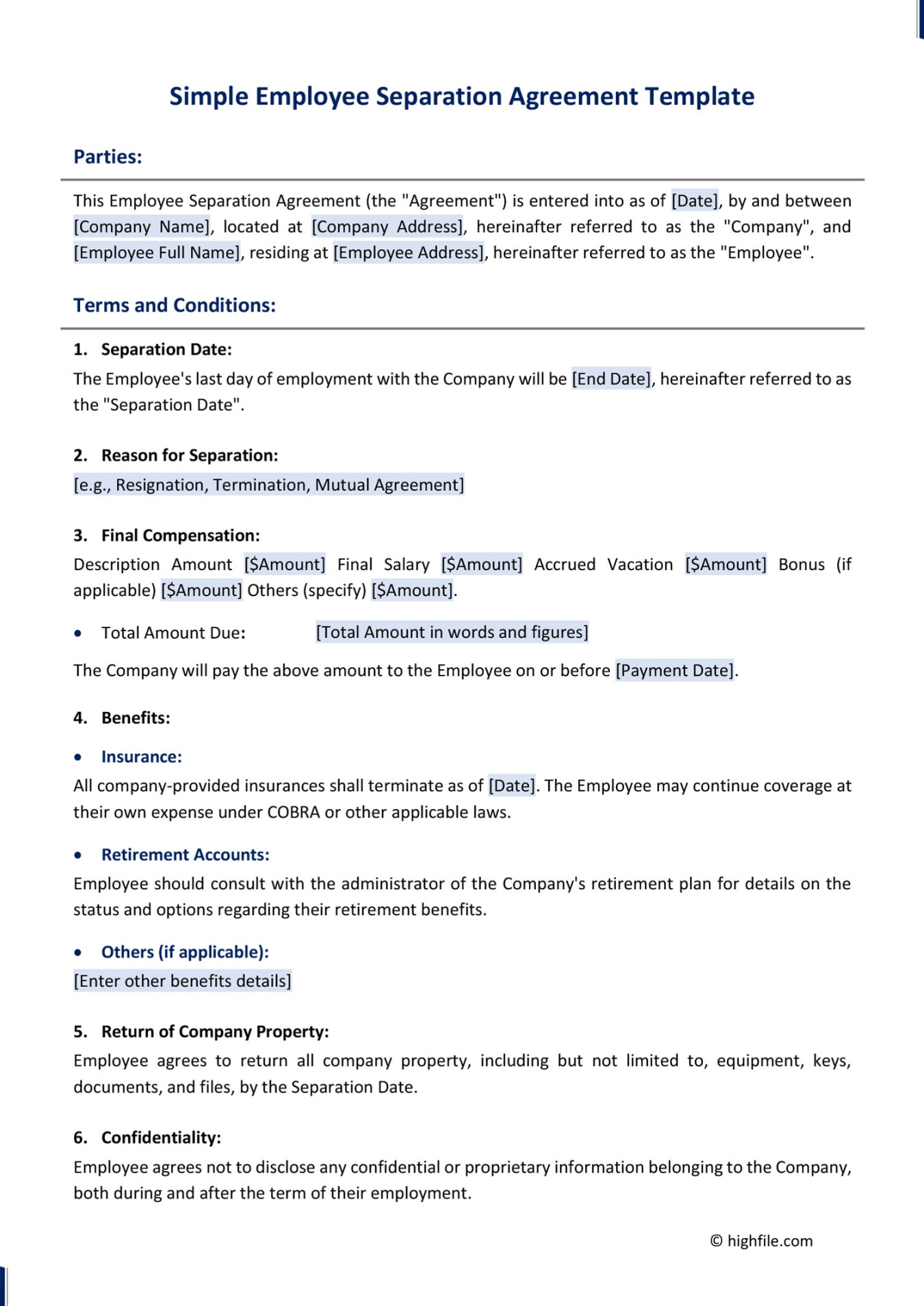 Simple Employee Separation Agreement Template - Word  Google Docs