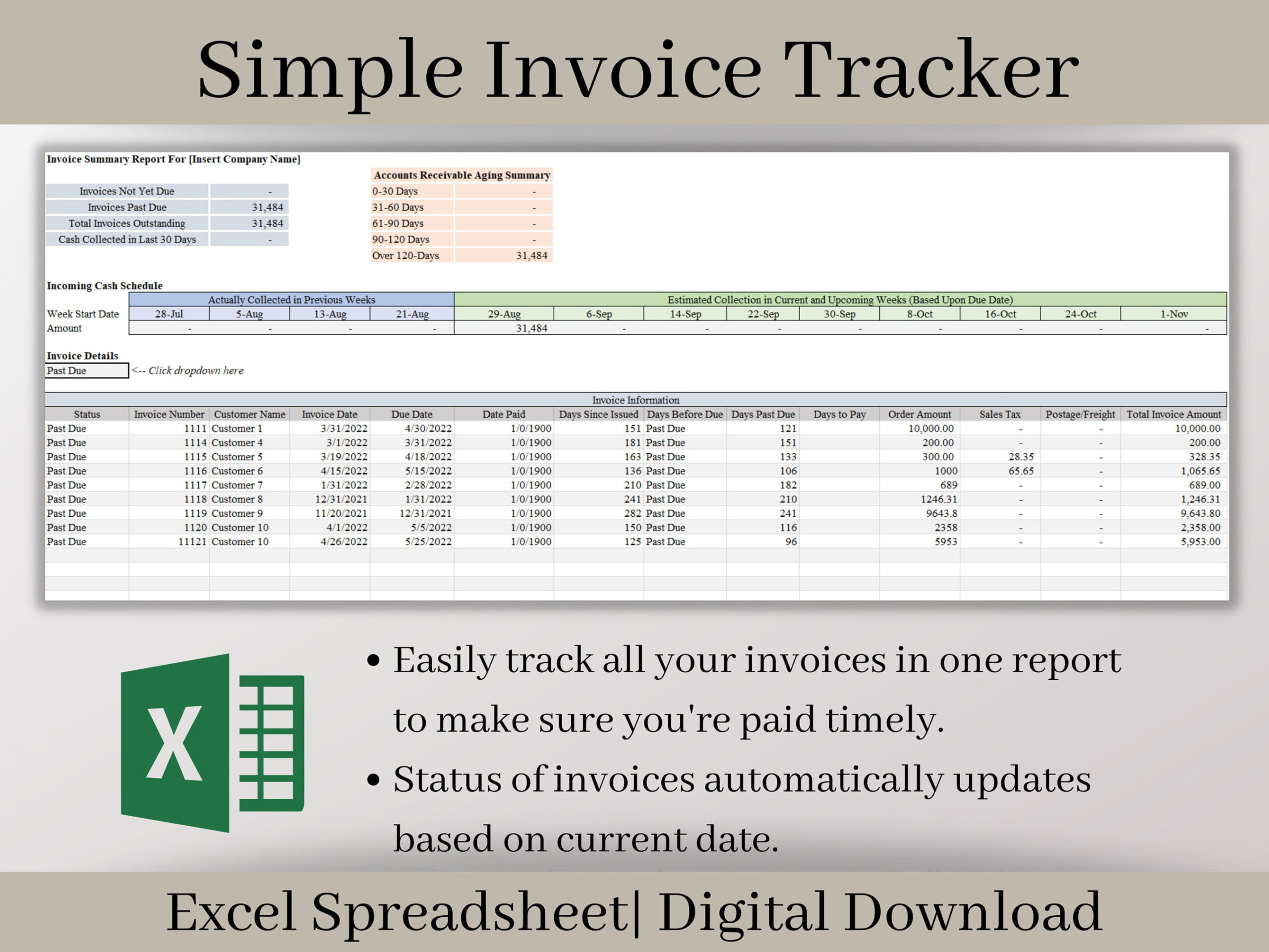 Small Business Invoice Tracker Spreadsheet, Excel Template, Easily