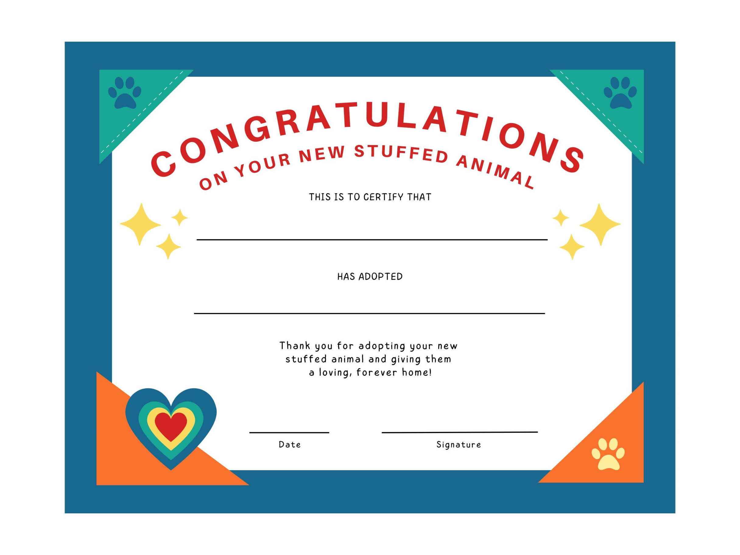 Stuffed Animal Adoption Certificate for Kids, PDF, JPG, SVG