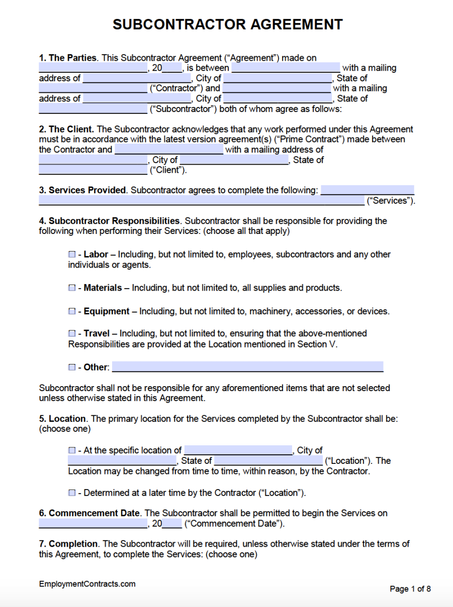 Subcontractor Agreement Template  PDF  Word